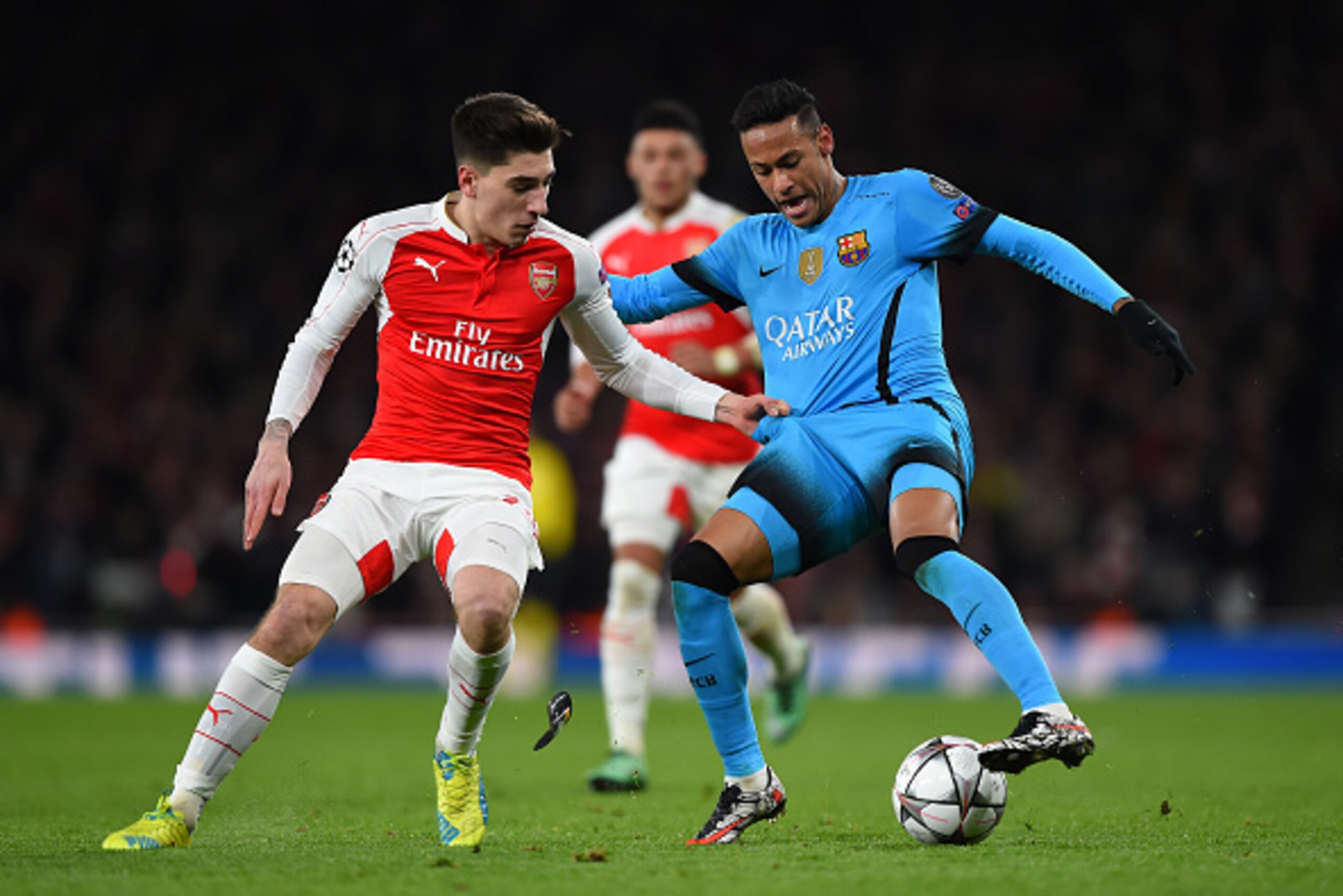 LONDON, ENGLAND - FEBRUARY 23:  Neymar of Barcelona is challenged by Hector Bellerin of Arsenal during the UEFA Champions League round of 16, first leg match between Arsenal FC and FC Barcelona at the Emirates Stadium on February 23, 2016 in London, Unite