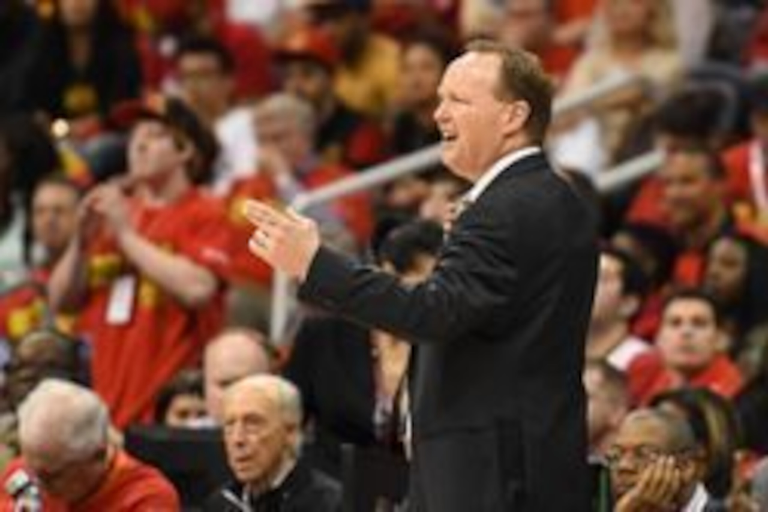 May 6, 2016; Atlanta, GA, USA; Atlanta Hawks head coach Mike Budenholzer reacts during the game against the Cleveland Cavaliers during the second half in game three of the second round of the NBA Playoffs at Philips Arena. The Cavaliers defeated the Hawks May 6, 2016; Atlanta, GA, USA; Atlanta Hawks head coach Mike Budenholzer reacts during the game against the Cleveland Cavaliers during the second half in game three of the second round of the NBA Playoffs at Philips Arena. The Cavaliers defeated the Hawks