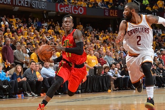 CLEVELAND,OH MAY 2 :  Dennis Schroder #17 of the Atlanta Hawks drives to the basket against the Cleveland Cavaliers during the Eastern Conference Semifinals Game One on May 2, 2016 at The Quicken Loans Arena in Cleveland, Ohio. NOTE TO USER: User expressl