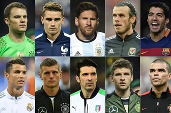 (COMBO) This combination of file pictures created on July 18, 2016 shows (From top L) Germany's goalkeeper Manuel Neuer, France's forward Antoine Griezmann, Argentina's forward Lionel Messi, Wales's midfielder Gareth Bale, Barcelona's Uruguayan forward Lu