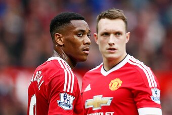 MANCHESTER, ENGLAND - SEPTEMBER 26:  Anthony Martial (L) and Phil Jones of Manchester United look on during the Barclays Premier League match between Manchester United and Sunderland at Old Trafford on September 26, 2015 in Manchester, United Kingdom.  (P