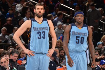 NEW YORK,NY - FEBRUARY 5: Marc Gasol #33 and Zach Randolph #50 of the Memphis Grizzlies look on against the New York Knicks at Madison Square Garden on February 5, 2016 in New York,New York NOTE TO USER: User expressly acknowledges and agrees that, by dow