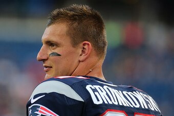 FOXBORO, MA - AUGUST 11:  Rob Gronkowski #87 of the New England Patriots watches during pre game drills before a preseason game with New Orleans Saints at Gillette Stadium on August 11, 2016 in Foxboro, Massachusetts. (Photo by Jim Rogash/Getty Images)
