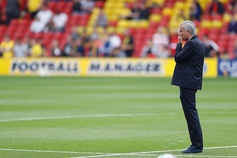 Manchester United's Portuguese manager Jose Mourinho looks on before the English Premier League football match between Watford and Manchester United at Vicarage Road Stadium in Watford, north of London on September 18, 2016. / AFP / Adrian DENNIS / RESTRI
