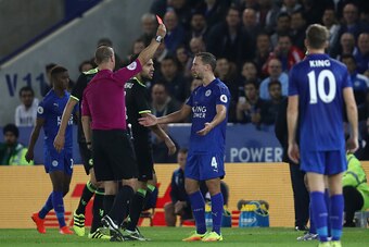 LEICESTER, ENGLAND - SEPTEMBER 20:  Marcin Wasilewski of Leicester City (not pictured) is shown a red card during the EFL Cup Third Round match between Leicester City and Chelsea at The King Power Stadium on September 20, 2016 in Leicester, England.  (Pho