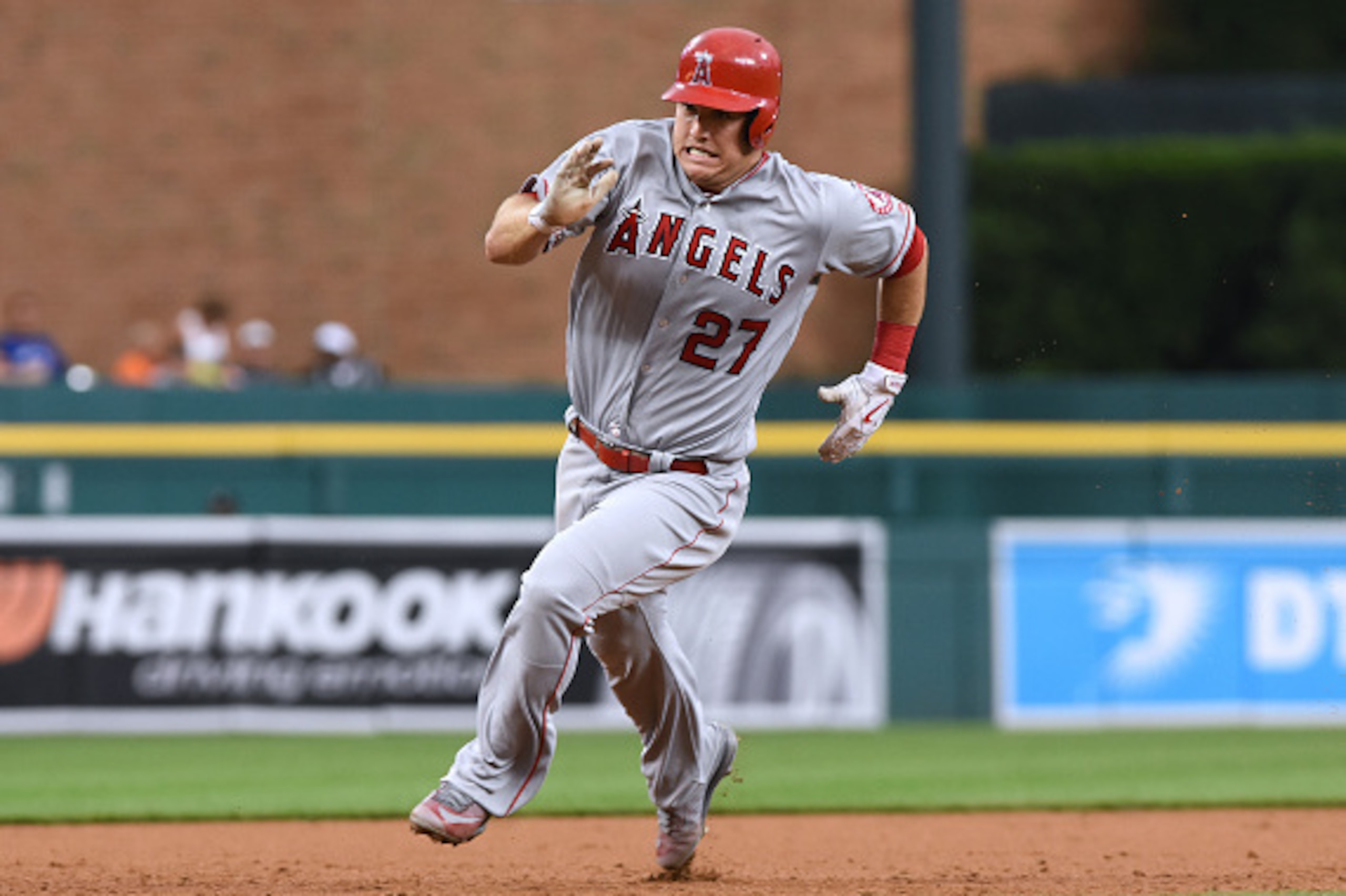 DETROIT, MI - AUGUST 27:  Mike Trout #27 of the Los Angeles Angels of Anaheim runs the bases during the game against the Detroit Tigers at Comerica Park on August 27, 2016 in Detroit, Michigan. The Angels defeated the Tigers 3-2.  (Photo by Mark Cunningha