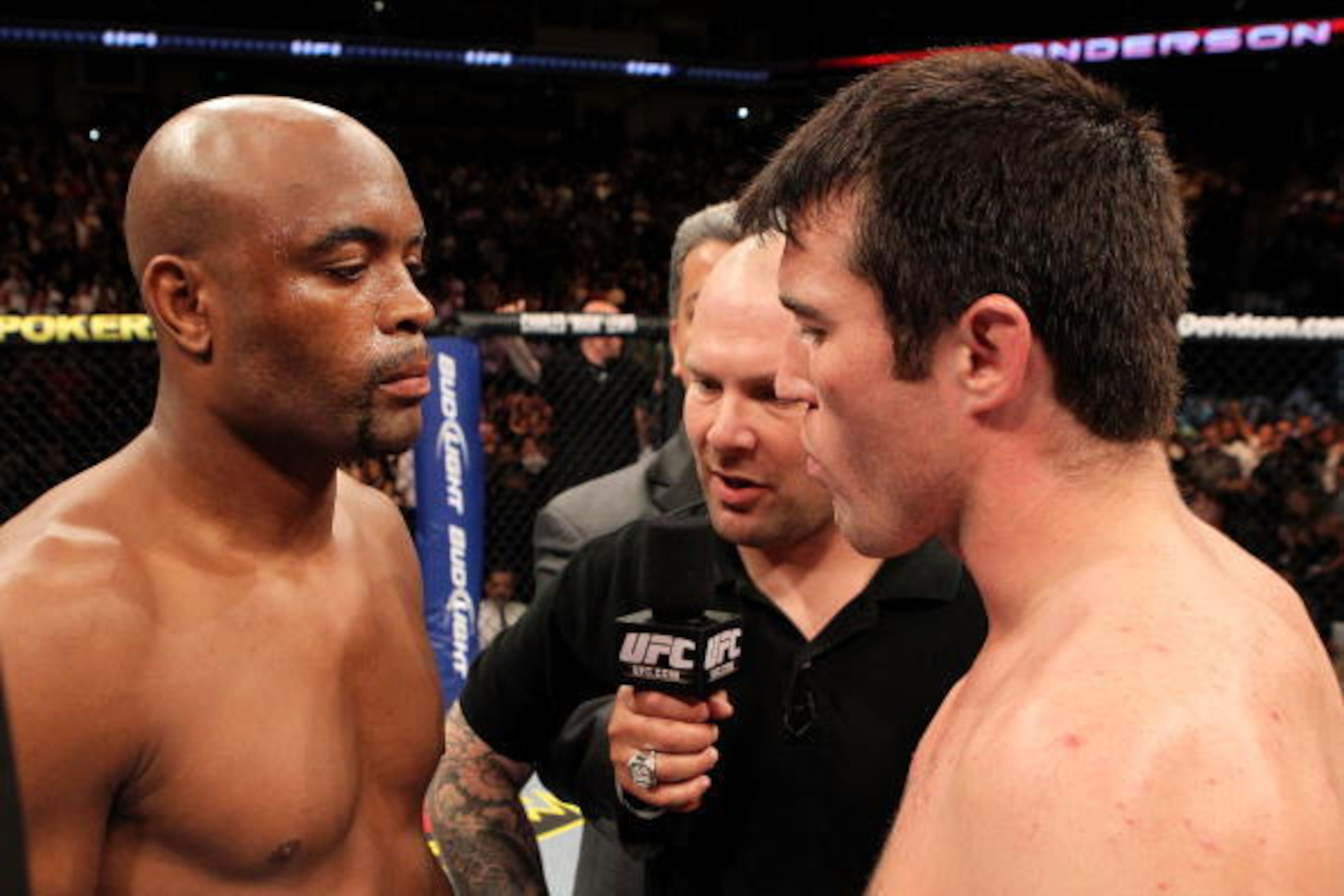 OAKLAND, CA - AUGUST 07:  Referee Josh Rosenthal (C) gives instructions to Chael Sonnen (R) and Anderson Silva (L) prior to the UFC Middleweight Championship bout at Oracle Arena on August 7, 2010 in Oakland, California.  (Photo by Josh Hedges/Zuffa LLC/Z