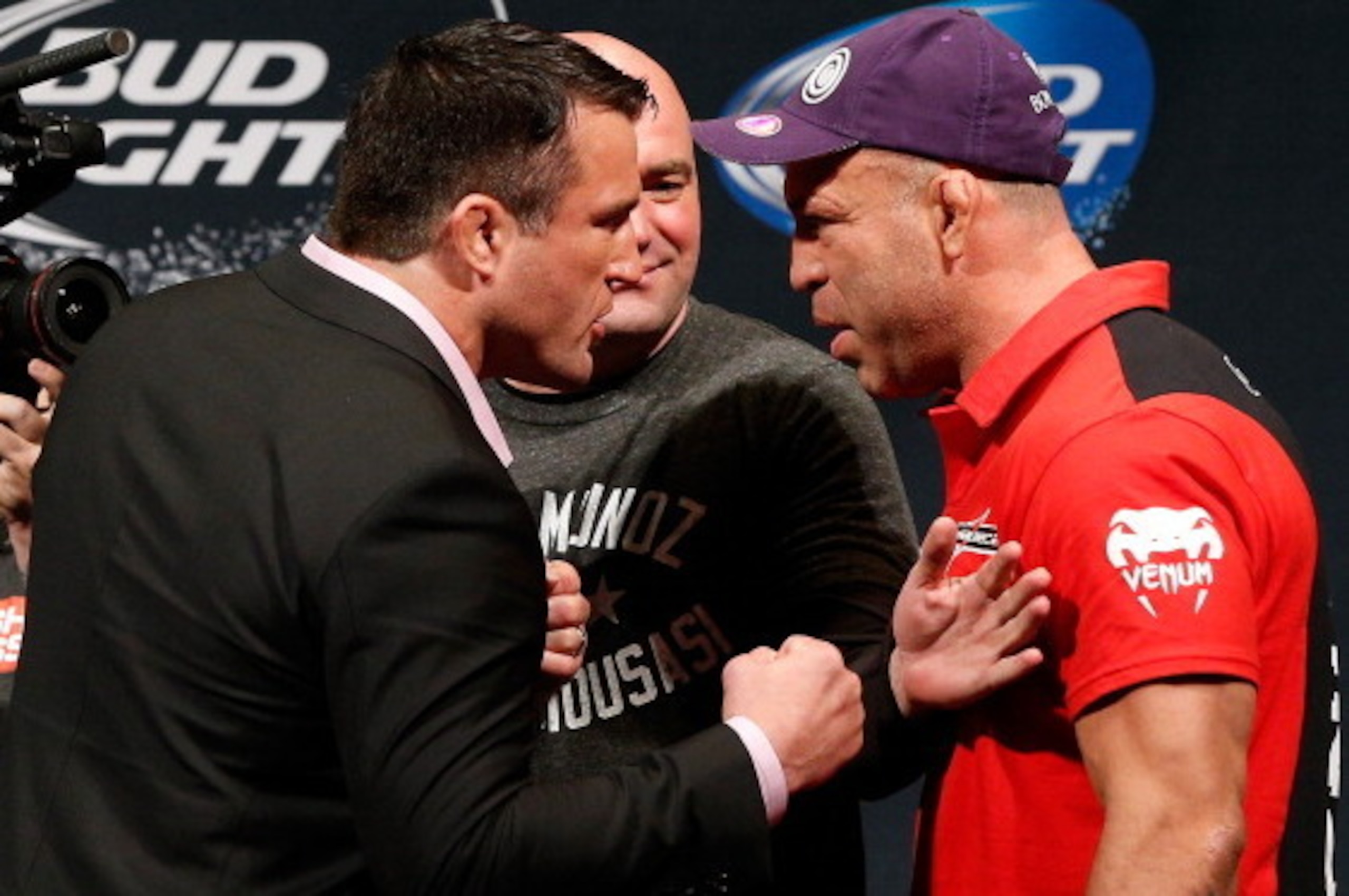 LAS VEGAS, NV - MAY 23:  (L-R) Opponents Chael Sonnen and Wanderlei Silva face off during the UFC press conference at the MGM Grand Garden Arena on May 23, 2014 in Las Vegas, Nevada.  (Photo by Josh Hedges/Zuffa LLC/Zuffa LLC via Getty Images)