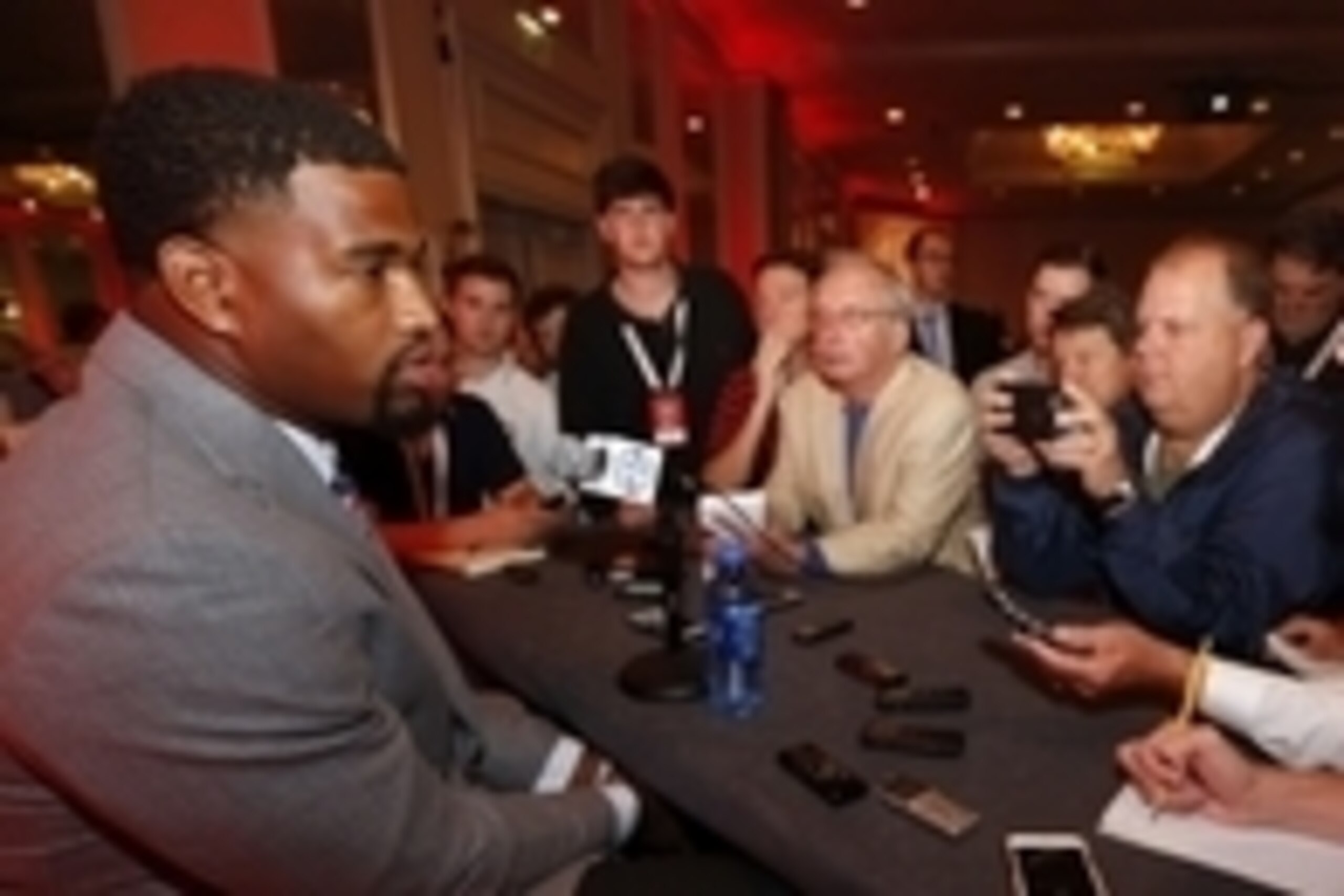 Jul 13, 2016; Hoover, AL, USA; Alabama player Jonathan Allen speaks to the media during SEC media day at Hyatt Regency Birmingham-The Wynfrey Hotel. Mandatory Credit: Butch Dill-USA TODAY Sports