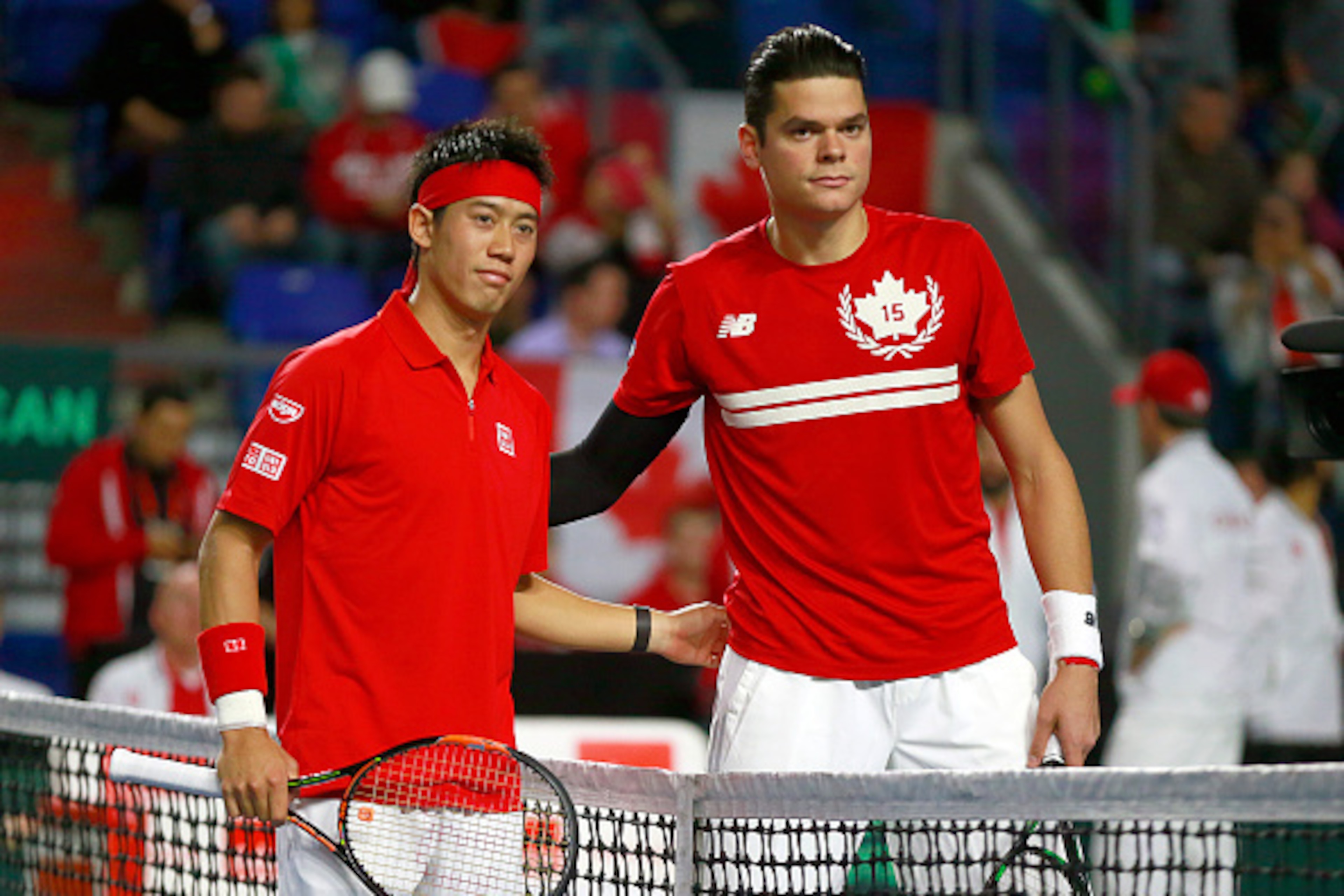 VANCOUVER, CANADA - MARCH 8: Kei Nishikori of Japan and Milos Raonic of Canada (R) pose for a photo before their Davis Cup match March 8, 2015 in Vancouver, British Columbia, Canada. (Photo by Jeff Vinnick/Getty Images) VANCOUVER, CANADA - MARCH 8: Kei Nishikori of Japan and Milos Raonic of Canada (R) pose for a photo before their Davis Cup match March 8, 2015 in Vancouver, British Columbia, Canada. (Photo by Jeff Vinnick/Getty Images)