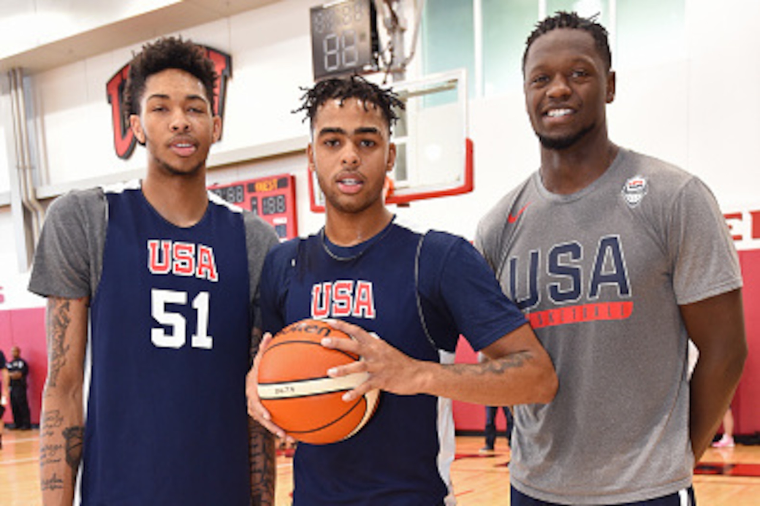 LAS VEGAS, NV - JULY 19:  Brandon Ingram #51, D'Angelo Russell #28, and Julius Randle #32 of the USA Men's National Select Team pose for a photo during practice on July 19, 2016 at Mendenhall Center on the University of Nevada, Las Vegas campus in Las Veg
