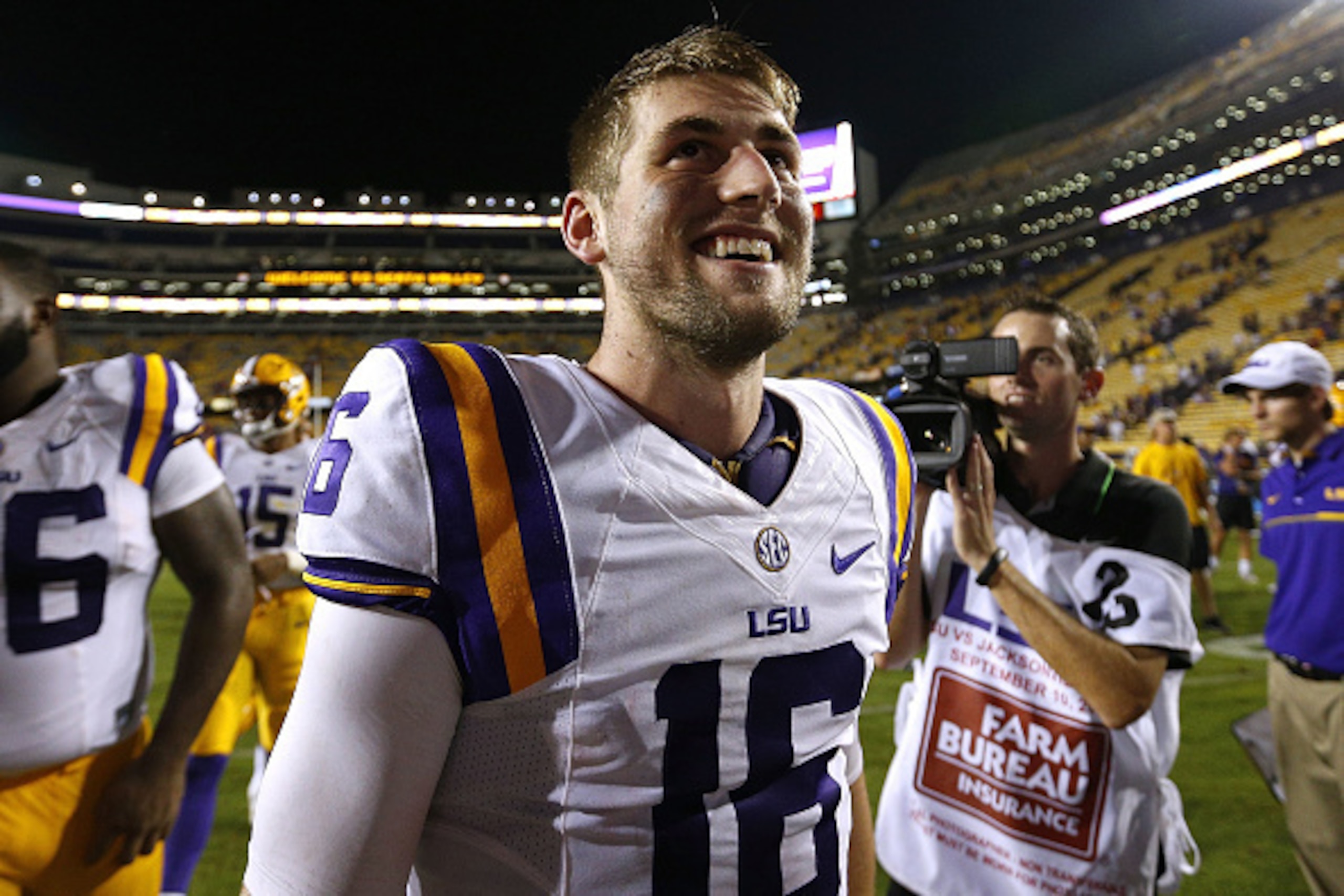 BATON ROUGE, LA - SEPTEMBER 10:  Danny Etling #16 of the LSU Tigers reacts after a game at Tiger Stadium on September 10, 2016 in Baton Rouge, Louisiana.  (Photo by Jonathan Bachman/Getty Images)