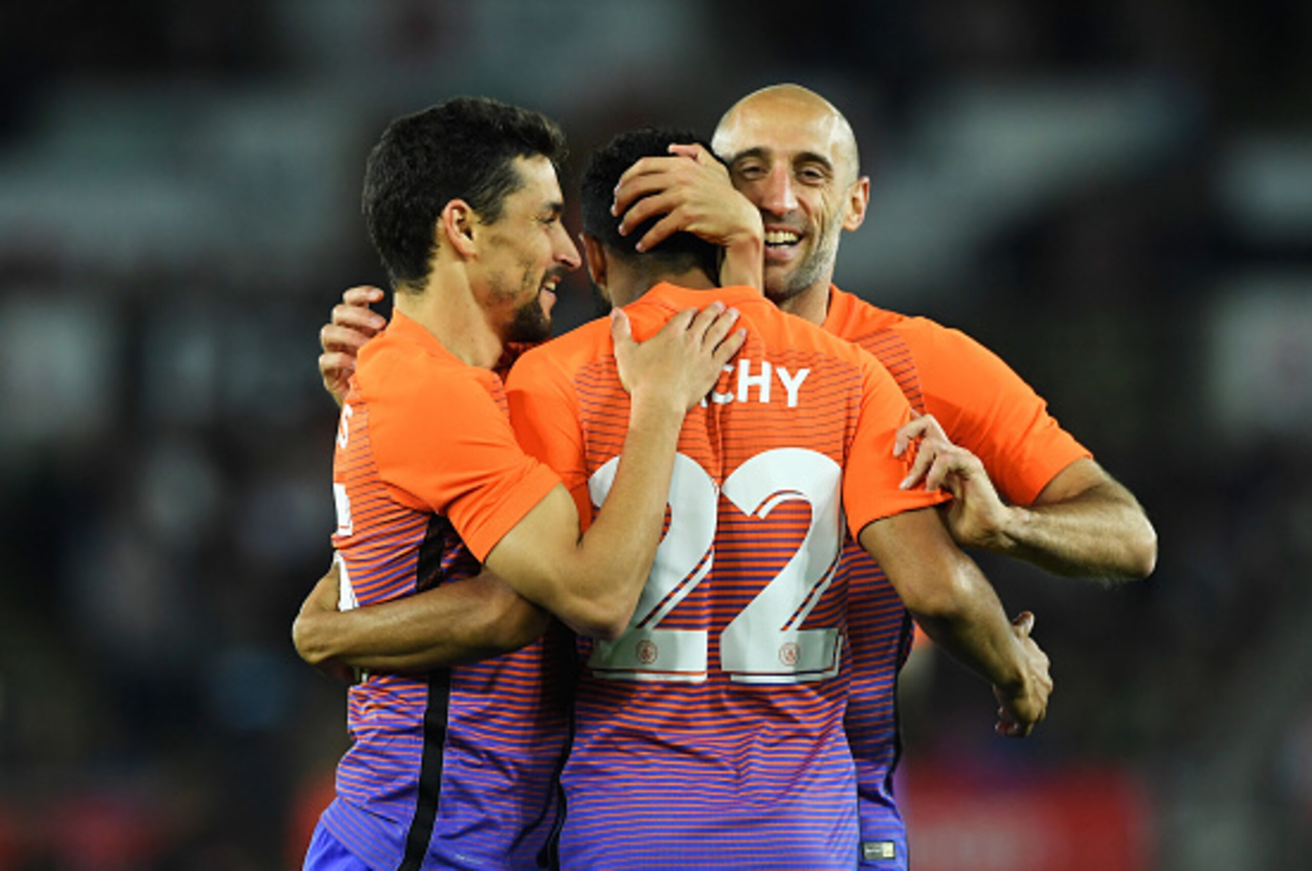 SWANSEA, WALES - SEPTEMBER 21:  Gael Clichy of Manchester City celebrates scoring his sides first goal with team mates during the  EFL Cup Third Round match between Swansea City and Manchester City at the Liberty Stadium on September 21, 2016 in Swansea, 