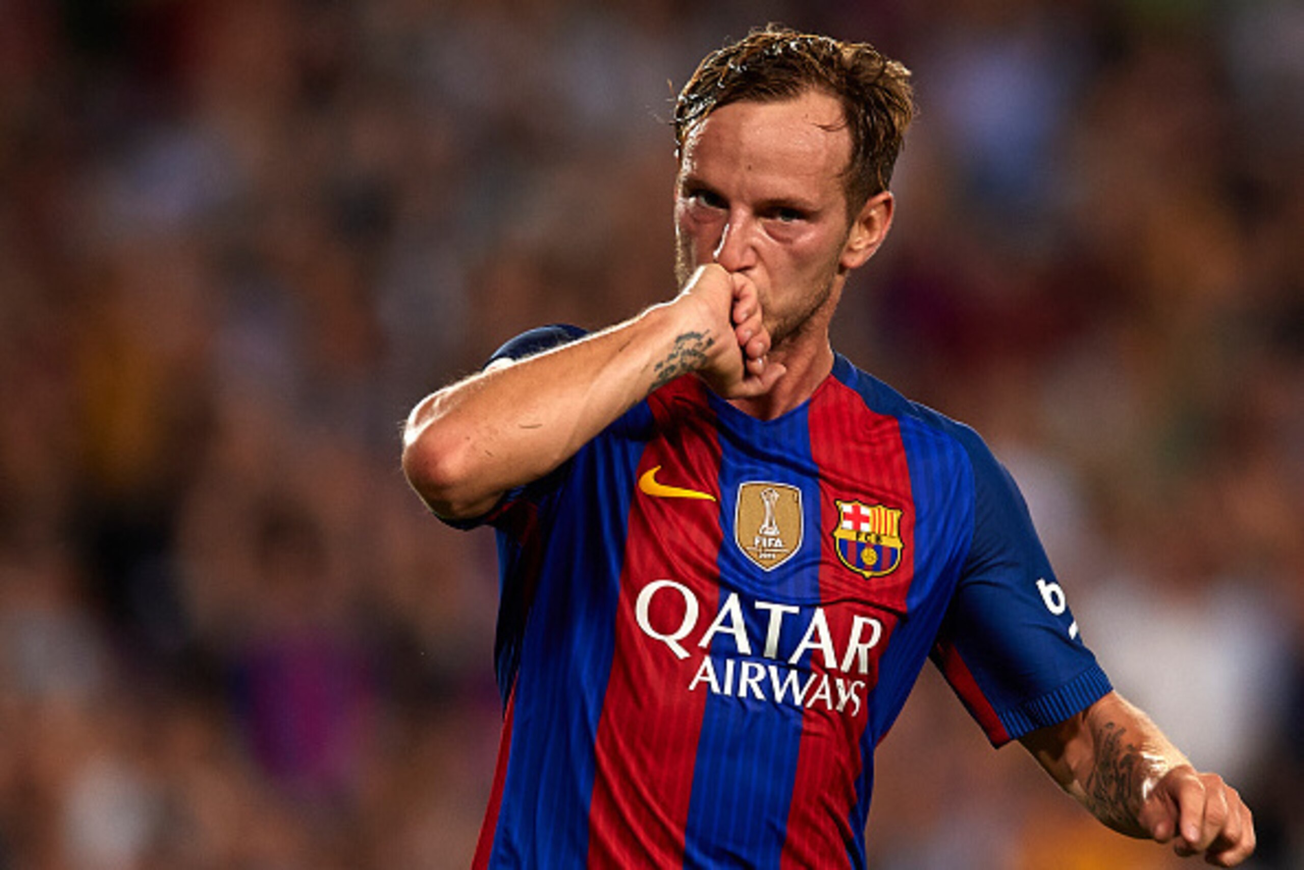 BARCELONA, SPAIN - SEPTEMBER 21:  Ivan Rakitic of FC Barcelona celebrates scoring his team's first goal during the La Liga match between FC Barcelona and Atletico de Madrid at Camp Nou stadium on September 21, 2016 in Barcelona, Spain.  (Photo by Manuel Q