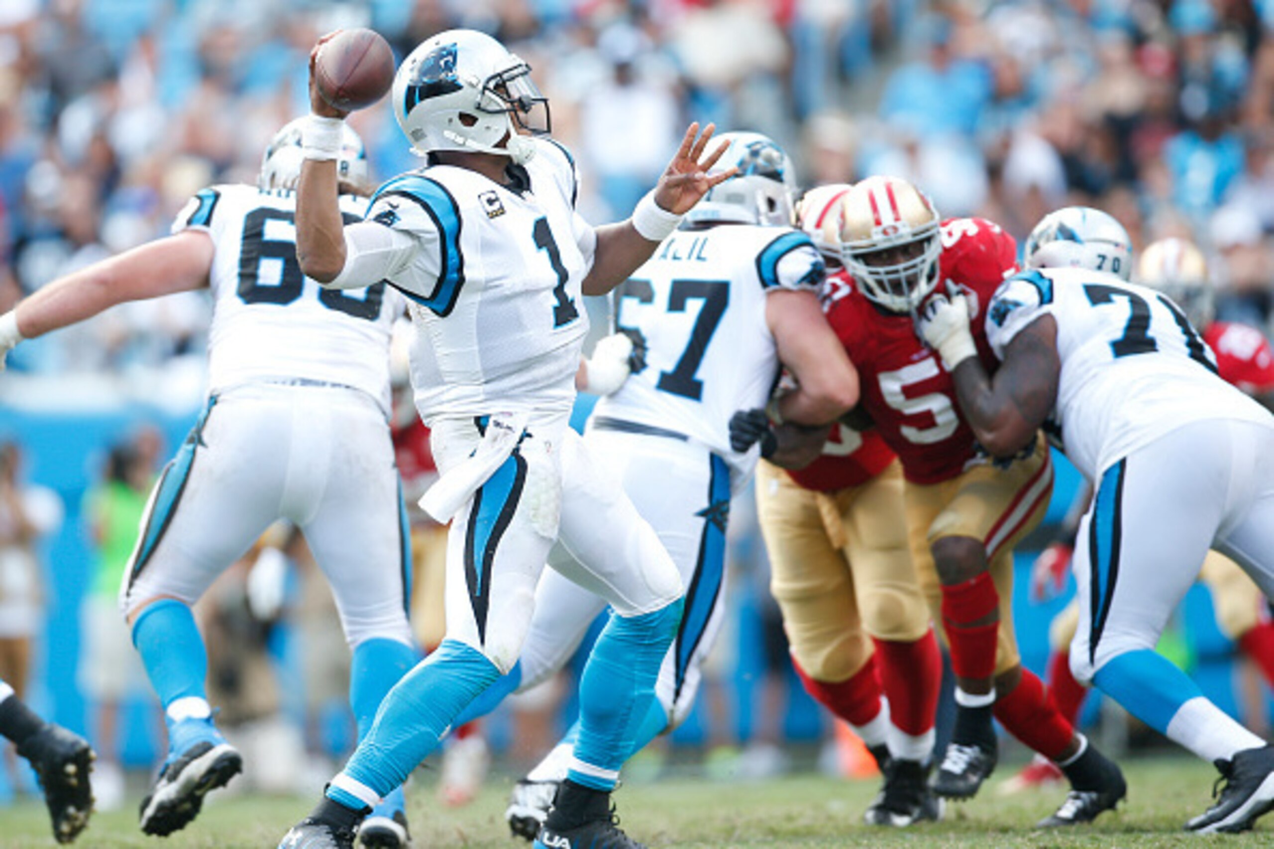 CHARLOTTE, NC - SEPTEMBER 18: Cam Newton #1 of the Carolina Panthers passes during the game against the San Francisco 49ers at Bank of America Stadium on September 18, 2016 in Charlotte, North Carolina. The Panthers defeated the 49ers 46-27. (Photo by Mic