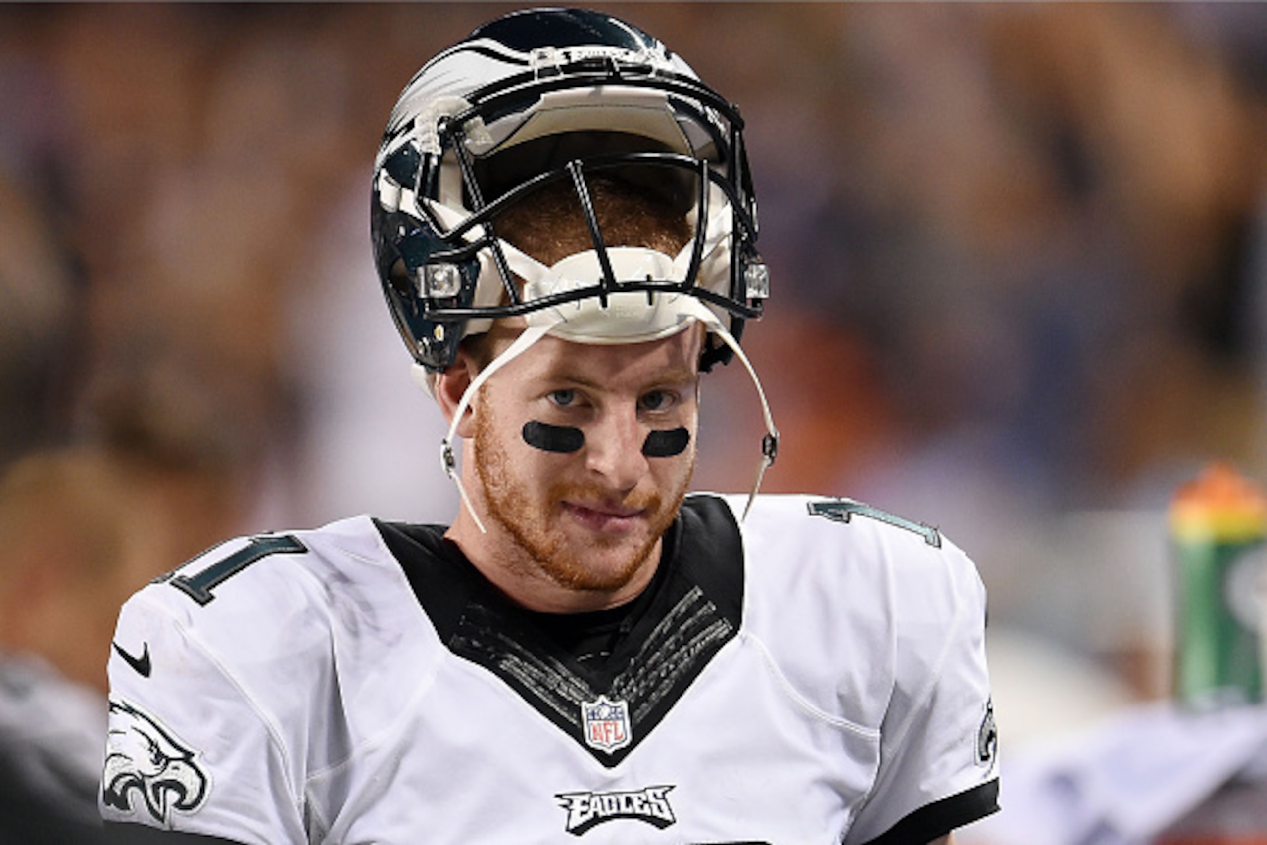 CHICAGO, IL - SEPTEMBER 19:  Carson Wentz #11 of the Philadelphia Eagles watches action during a game against the Chicago Bears at Soldier Field on September 19, 2016 in Chicago, Illinois.  (Photo by Stacy Revere/Getty Images)