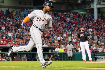 CLEVELAND, OH - SEPTEMBER 16: Justin Upton #8 of the Detroit Tigers rounds the bases after hitting a solo home run off starting pitcher Corey Kluber #28 of the Cleveland Indians during the second inning at Progressive Field on September 16, 2016 in Clevel