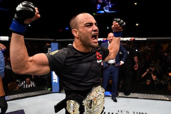 LAS VEGAS, NV - JULY 07:   Eddie Alvarez celebrates after defeating Rafael Dos Anjos in their lightweight championship bout during the UFC Fight Night event inside the MGM Grand Garden Arena on July 7, 2016 in Las Vegas, Nevada. (Photo by Jeff Bottari/Zuf