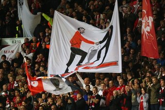 MANCHESTER, ENGLAND - OCTOBER 23:  General View of the dedicated singing section for home fans during the UEFA Champions League Group A match between Manchester United and Real Sociedad at Old Trafford on October 23, 2013 in Manchester, England.  (Photo b