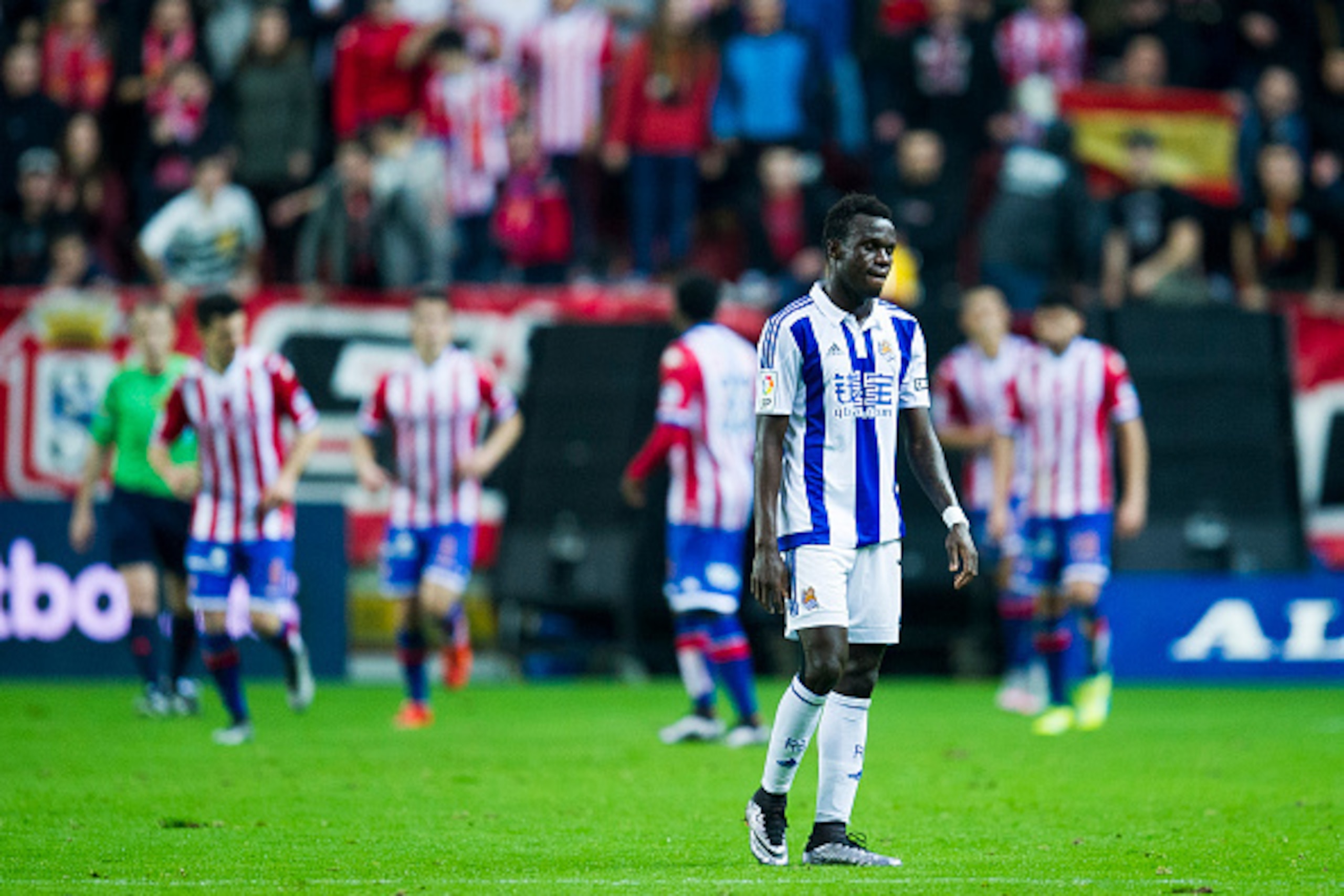 GIJON, SPAIN - JANUARY 22:  Tue Na Bangna Bruma of Real Sociedad de Futbol reacts during the La Liga match between Real Sporting de Gijon and Real Sociedad de Futbol at Estadio El Molinon on January 22, 2016 in Gijon, Spain.  (Photo by Juan Manuel Serrano