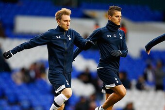 LONDON, ENGLAND - APRIL 25:  (L-R) Christian Eriksen and Erik Lamela of Tottenham Hotspur warm up prior to kickoff  during the Barclays Premier League match between Tottenham Hotspur and West Bromwich Albion at White Hart Lane on April 25, 2016 in London,