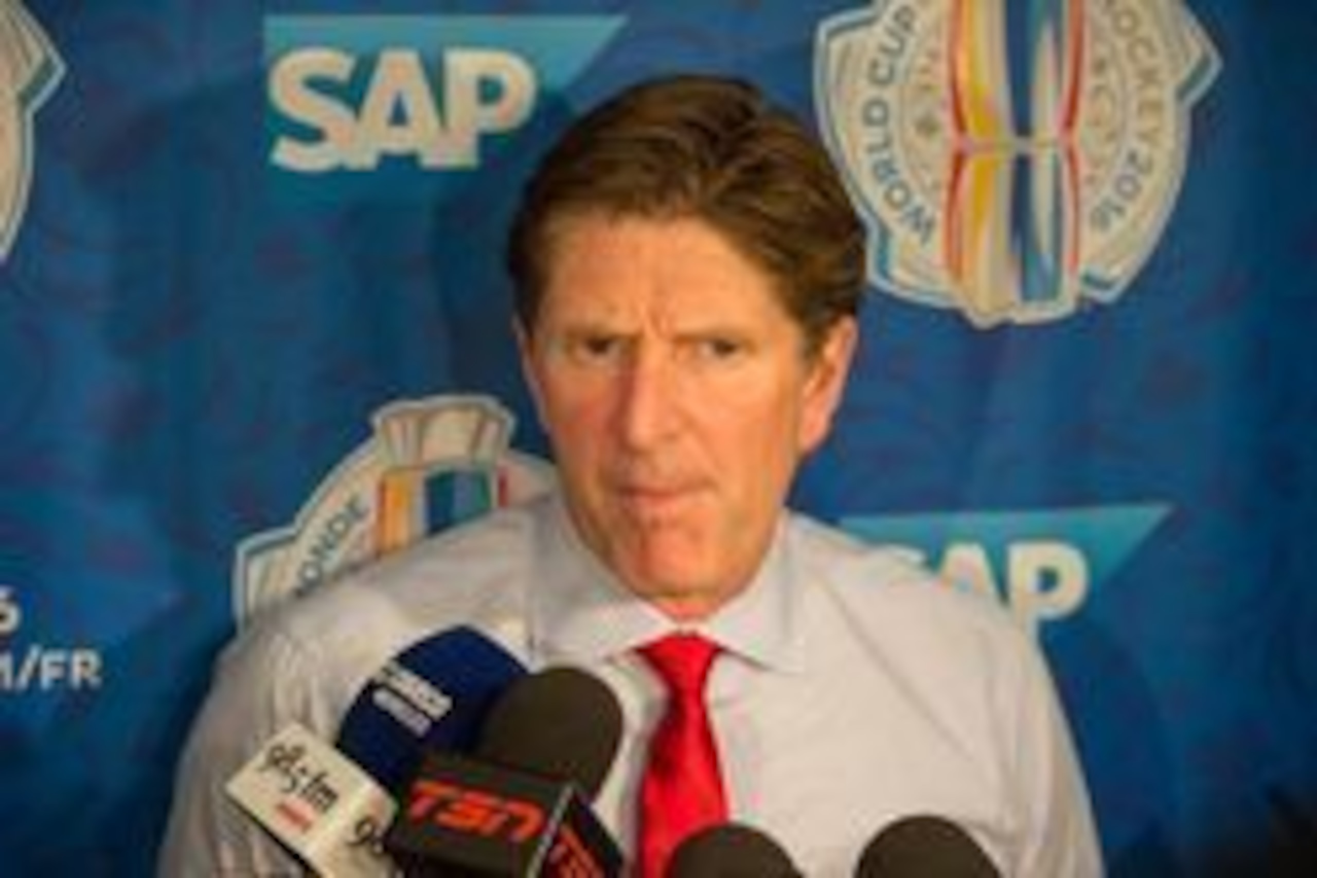 Sep 10, 2016; Ottawa, Ontario, Canada; Team Canada head coach Mike Babcock speaks to the media prior to match against Team USA  during a World Cup of Hockey pre-tournament game at the Canadian Tire Centre. Team Canada defeated the USA by a score of 5-2. M