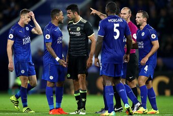 LEICESTER, ENGLAND - SEPTEMBER 20:  Diego Costa of Chelsea and Danny Simpson of Leicester City square up during the EFL Cup Third Round match between Leicester City and Chelsea at The King Power Stadium on September 20, 2016 in Leicester, England.  (Photo