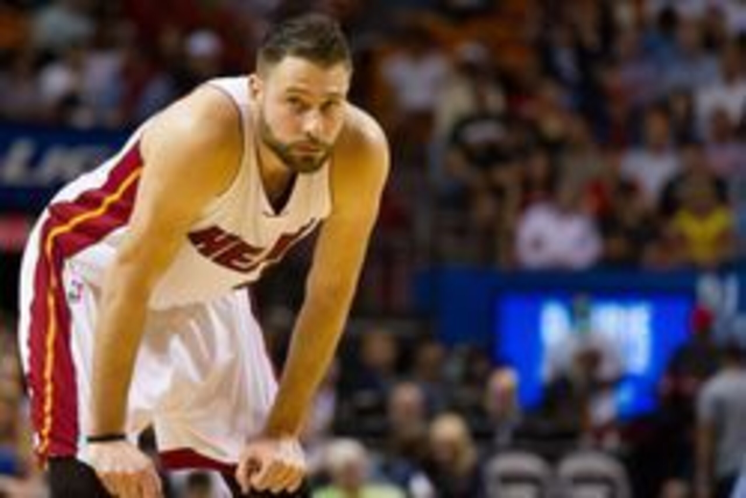 Mar 28, 2016; Miami, FL, USA; Miami Heat forward Josh McRoberts (4) takes a breather during the second half against the Brooklyn Nets at American Airlines Arena. The Heat won 110-99. Mandatory Credit: Steve Mitchell-USA TODAY Sports
