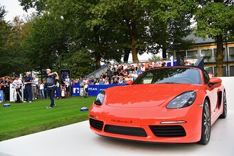 PASSAU, GERMANY - SEPTEMBER 23: Martin Kaymer of Germany tees off next to Porsche during the second round on day two of the Porsche European Open at Golf Resort Bad Griesbach on September 23, 2016 in Passau, Germany.  (Photo by Stuart Franklin/Getty Image