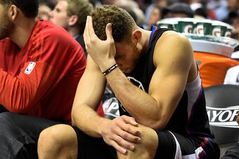 PORTLAND, OR - APRIL 25: Blake Griffin #32 of the Los Angeles Clippers sits on the bench as time winds down in the fourth quarter of Game Four of the Western Conference Quarterfinals against the Portland Trail Blazers during the 2016 NBA Playoffs at the M