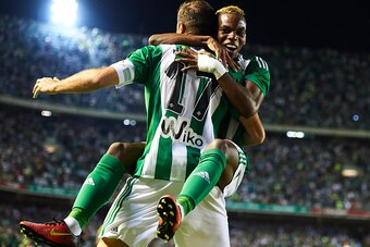 SEVILLE, SPAIN - SEPTEMBER 23:  b17 Joaquin Sanchez of Real Betis Balompie celebrates after scoring with Charly Musonda of Real Betis Balompie during the match between Real Betis Balompie vs Malaga CF as part of La Liga at Benito Villamarin stadium on Sep