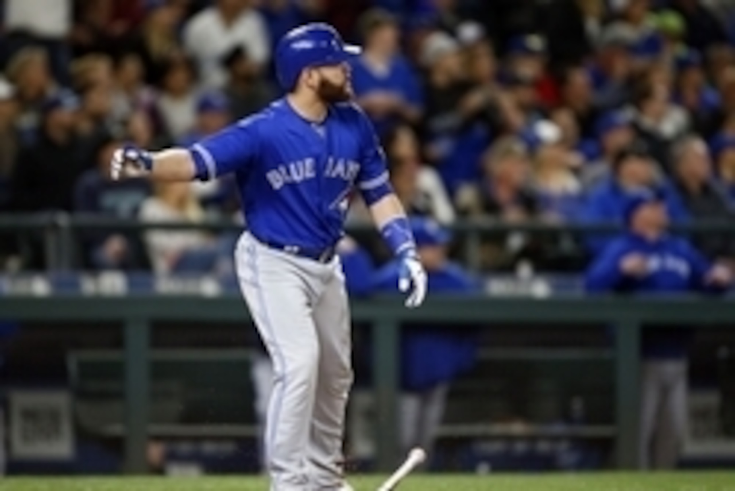 Sep 20, 2016; Seattle, WA, USA; Toronto Blue Jays catcher Russell Martin (55) watches his two-run homer against the Seattle Mariners during the fourth inning at Safeco Field. Mandatory Credit: Joe Nicholson-USA TODAY Sports