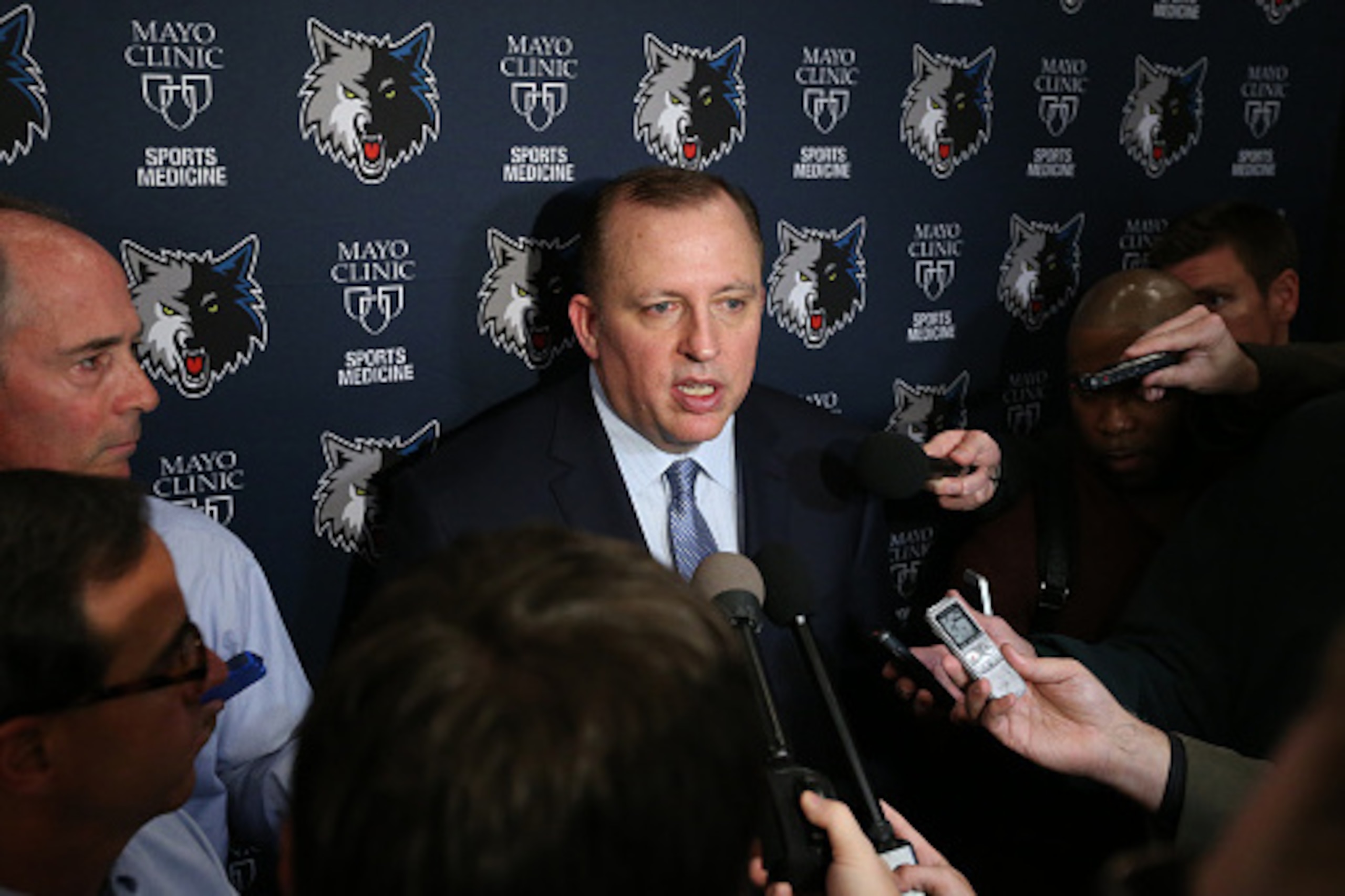MINNEAPOLIS, MN - APRIL26:  Tom Thibodeau, President of Basketball Operations and Head Coach of the Minnesota Timberwolves speaks to the media on April 26, 2016 at Target Center in Minneapolis, Minnesota.  NOTE TO USER: User expressly acknowledges and agr