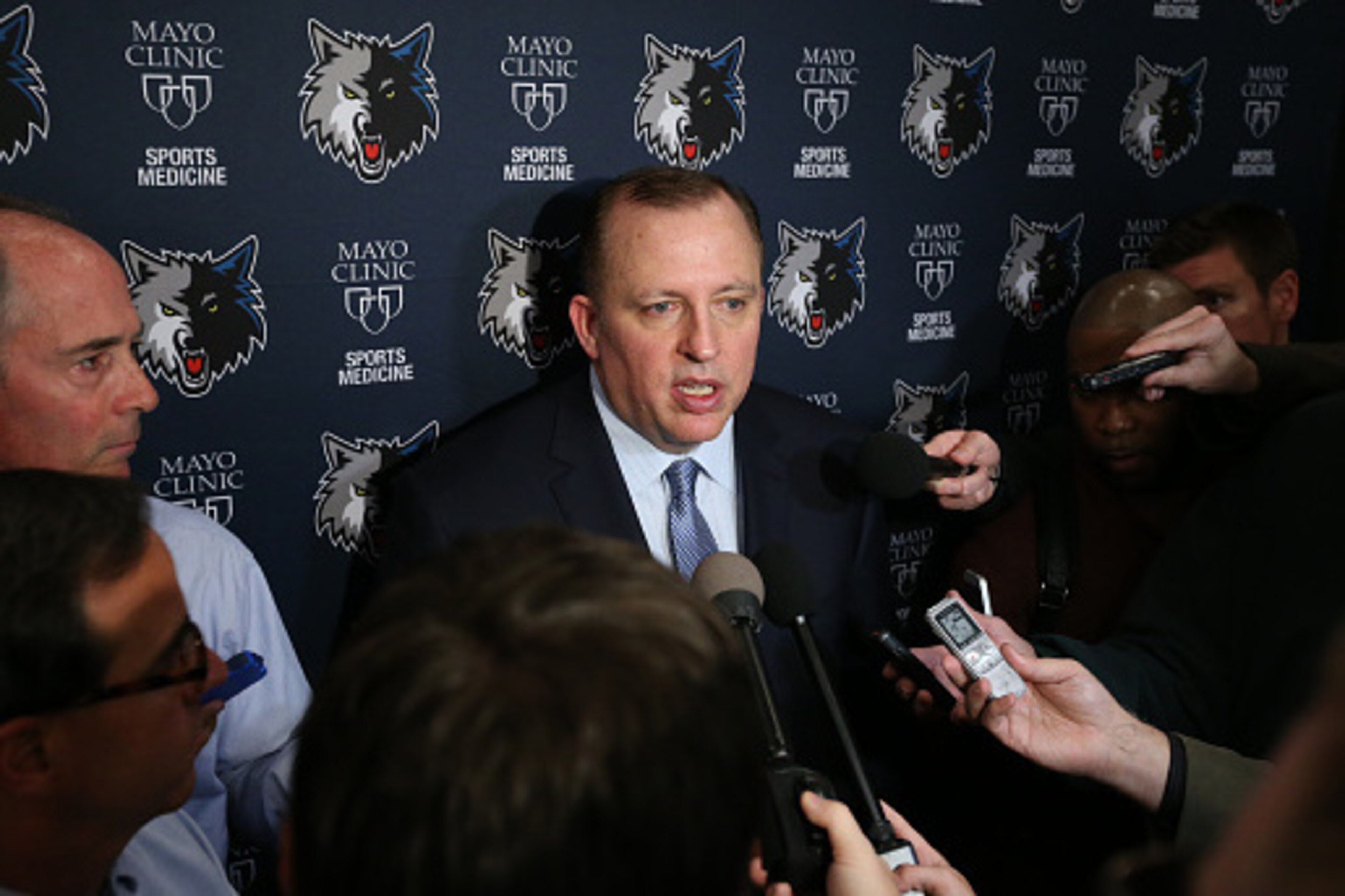 MINNEAPOLIS, MN - APRIL26:  Tom Thibodeau, President of Basketball Operations and Head Coach of the Minnesota Timberwolves speaks to the media on April 26, 2016 at Target Center in Minneapolis, Minnesota.  NOTE TO USER: User expressly acknowledges and agr