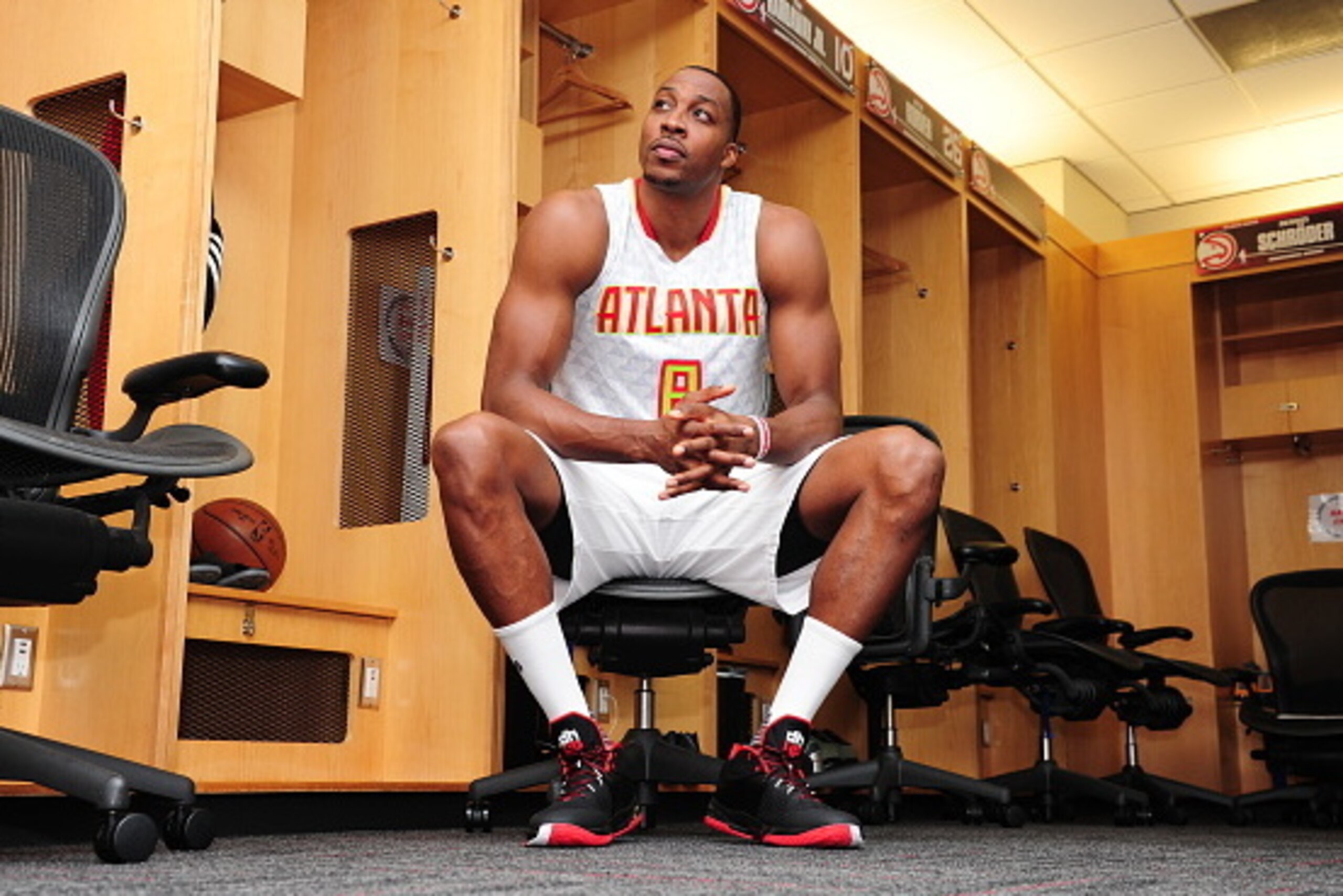 ATLANTA, GA - JULY 14:  Dwight Howard #8 of the Atlanta Hawks poses for a photo on July 14, 2016 at Philips Arena in Atlanta, Georgia.  NOTE TO USER: User expressly acknowledges and agrees that, by downloading and or using this Photograph, user is consent