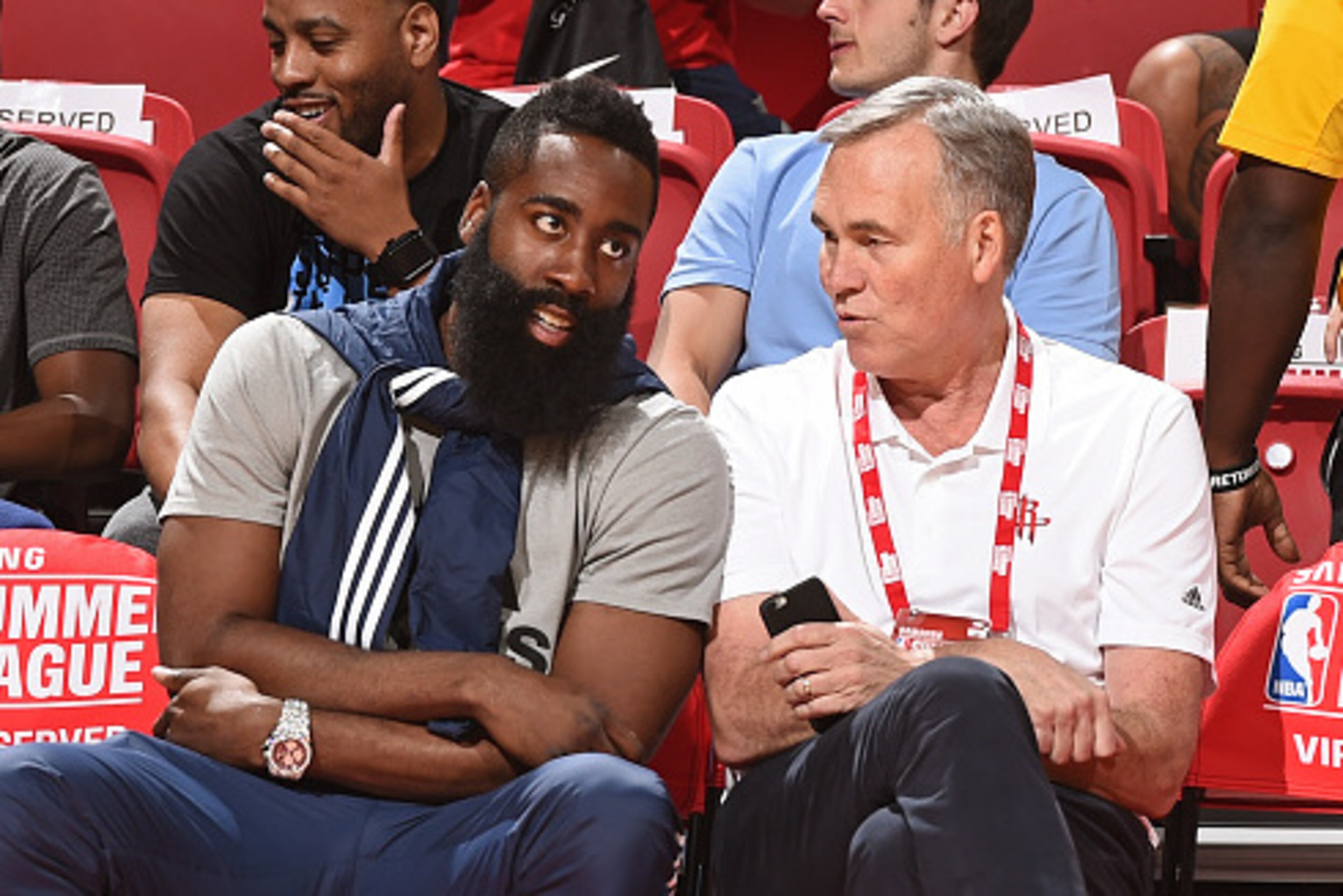 LAS VEGAS, NV - JULY 13: James Harden #13 of the Houston Rockets watches on as the Houston Rockets face the Golden State Warriors during the 2016 Las Vegas Summer League on July 13, 2016 at The Thomas & Mack Center in Las Vegas, Nevada. NOTE TO USER: User