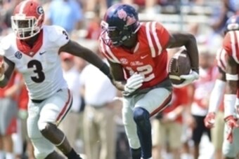 Sep 24, 2016; Oxford, MS, USA; Mississippi Rebels wide receiver Van Jefferson (12) returns a punt during the third quarter of the game against the Georgia Bulldogs at Vaught-Hemingway Stadium. Mississippi won 45-14. Mandatory Credit: Matt Bush-USA TODAY S