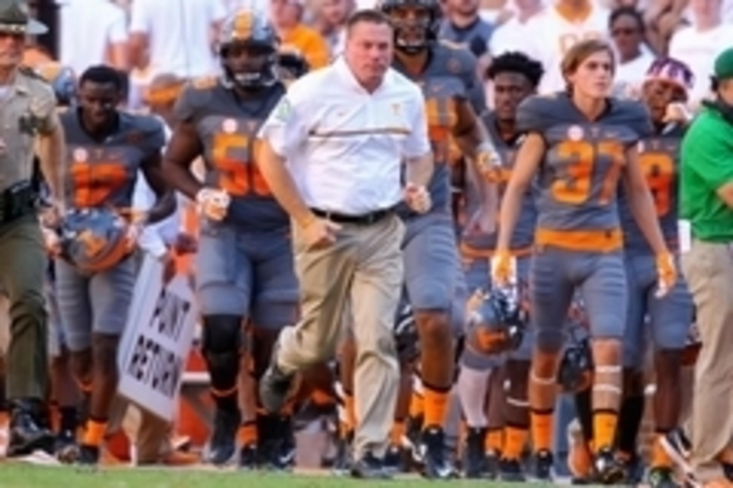 Sep 24, 2016; Knoxville, TN, USA; Tennessee Volunteers head coach Butch Jones leaves the field for halftime after the second quarter against the Florida Gators at Neyland Stadium. Mandatory Credit: Randy Sartin-USA TODAY Sports