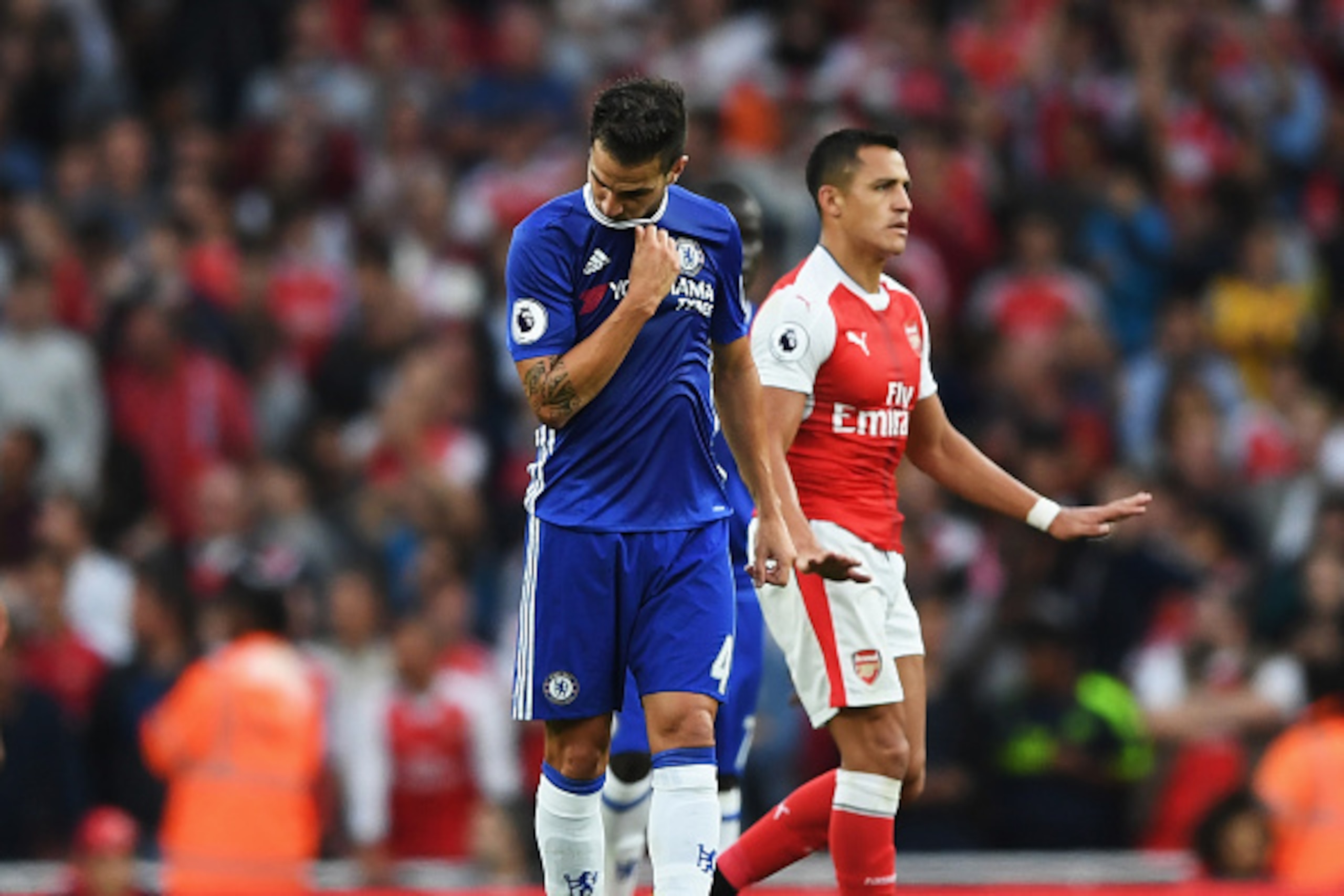 LONDON, ENGLAND - SEPTEMBER 24:  Cesc Fabregas of Chelsea is dejected after Arsenal score during the Premier League match between Arsenal and Chelsea at the Emirates Stadium on September 24, 2016 in London, England.  (Photo by Shaun Botterill/Getty Images