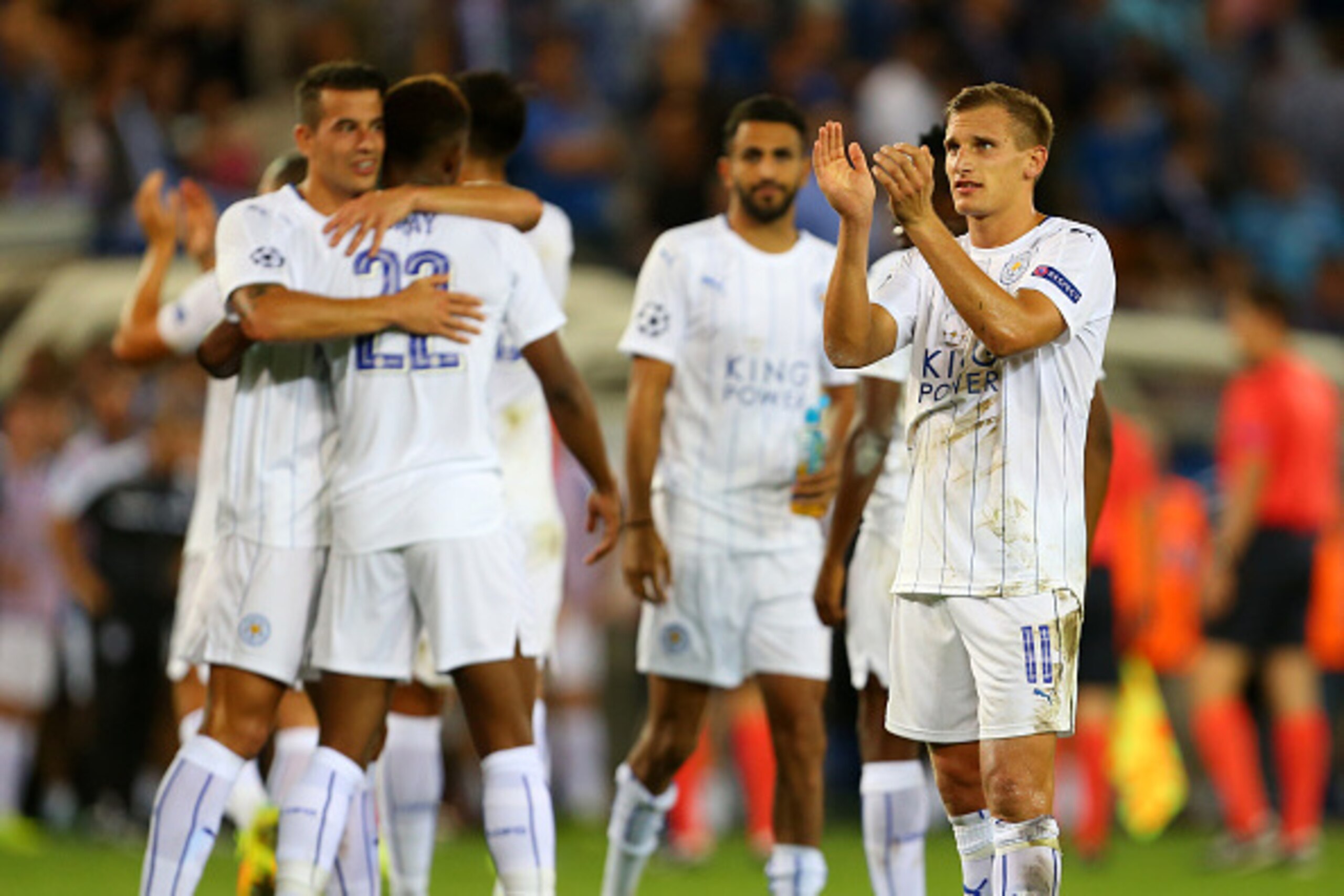 BRUGGE, BELGIUM - SEPTEMBER 14: Marc Albrighton of Leicester City applauds as he stands amongst his team mates during the UEFA Champions League match between Club Brugge and Leicester City at Jan Breydel Stadium on September 14, 2016 in Brugge, West-Vlaan