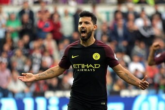 SWANSEA, WALES - SEPTEMBER 24: Sergio Aguero of Manchester City celebrates his goal he scored from the penalty spot during the Premier League match between Swansea City and Manchester City at The Liberty Stadium on September 24, 2016 in Swansea, Wales. (P