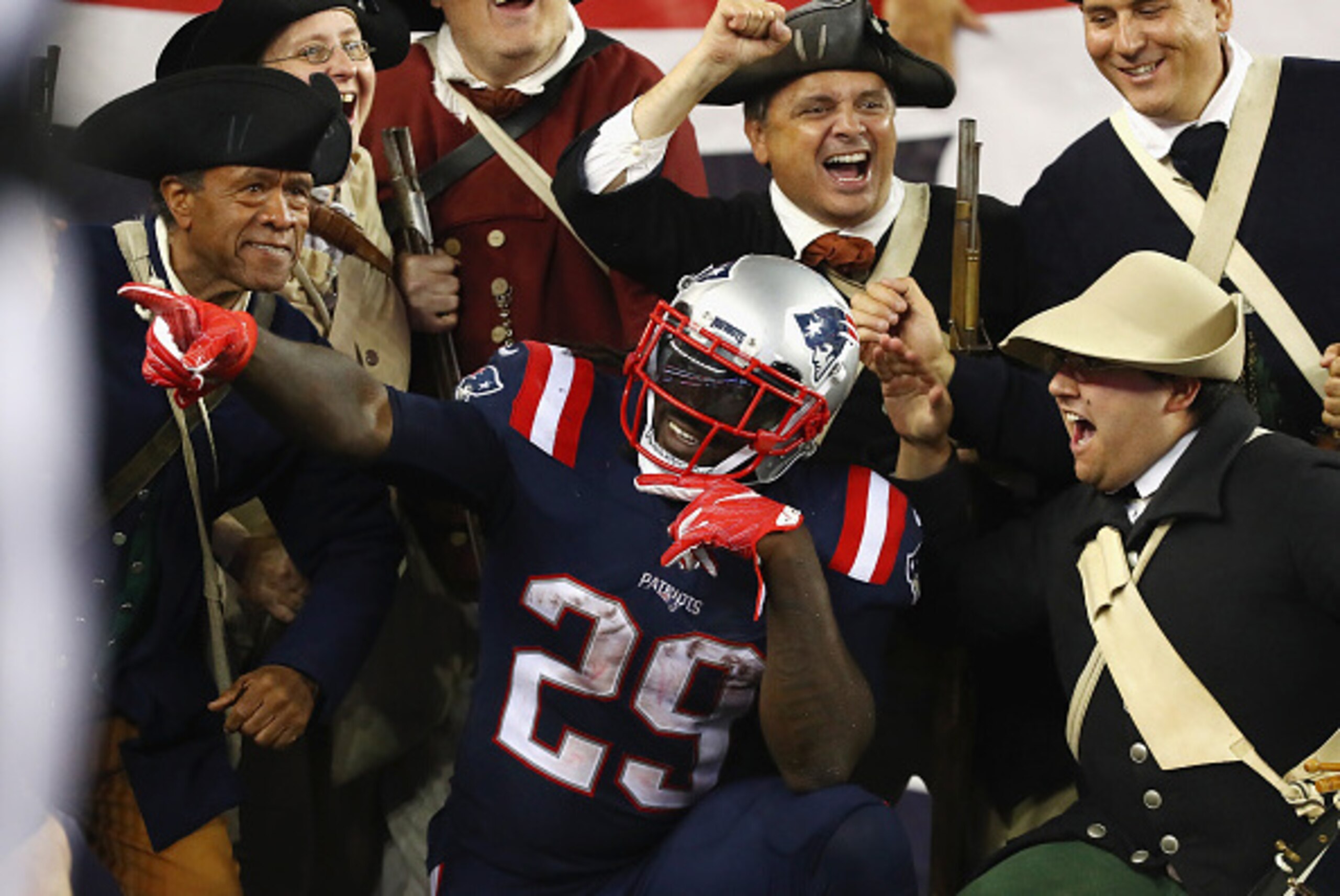 FOXBORO, MA - SEPTEMBER 22:  LeGarrette Blount #29 of the New England Patriots celebrates during the fourth quarter after scoring a touchdown against the Houston Texans at Gillette Stadium on September 22, 2016 in Foxboro, Massachusetts.  (Photo by Adam G