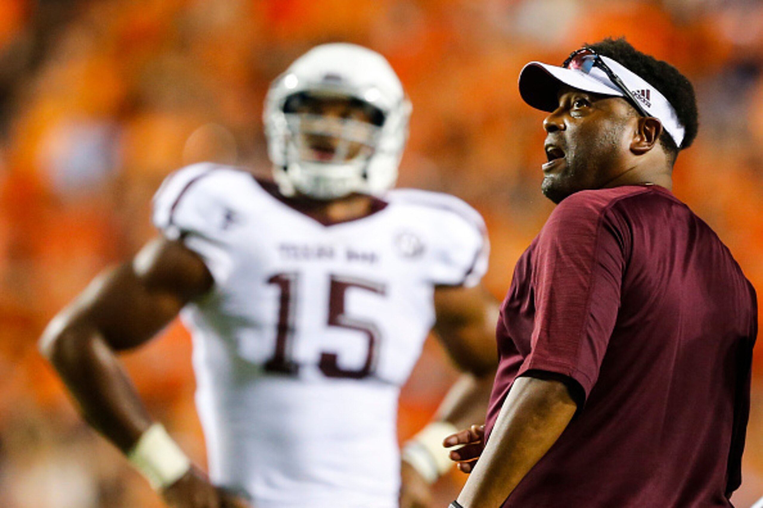 AUBURN, AL - SEPTEMBER 17:  Texas A&M Aggies coach Kevin Sumlin reacts during an NCAA college football game against the Auburn Tigers on September 17, 2016 in Auburn, Alabama. (Photo by Butch Dill/Getty Images)