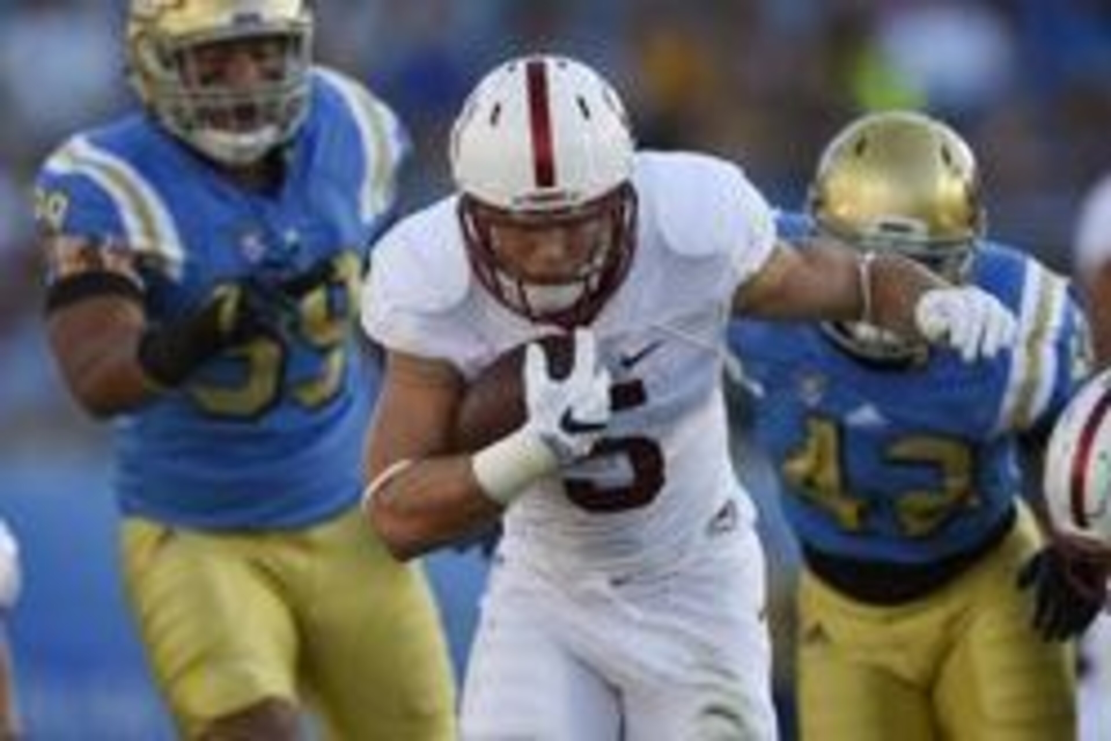 Sep 24, 2016; Pasadena, CA, USA; Stanford Cardinal running back Christian McCaffrey (5) runs the ball during the first half against the UCLA Bruins at Rose Bowl. Mandatory Credit: Kelvin Kuo-USA TODAY Sports