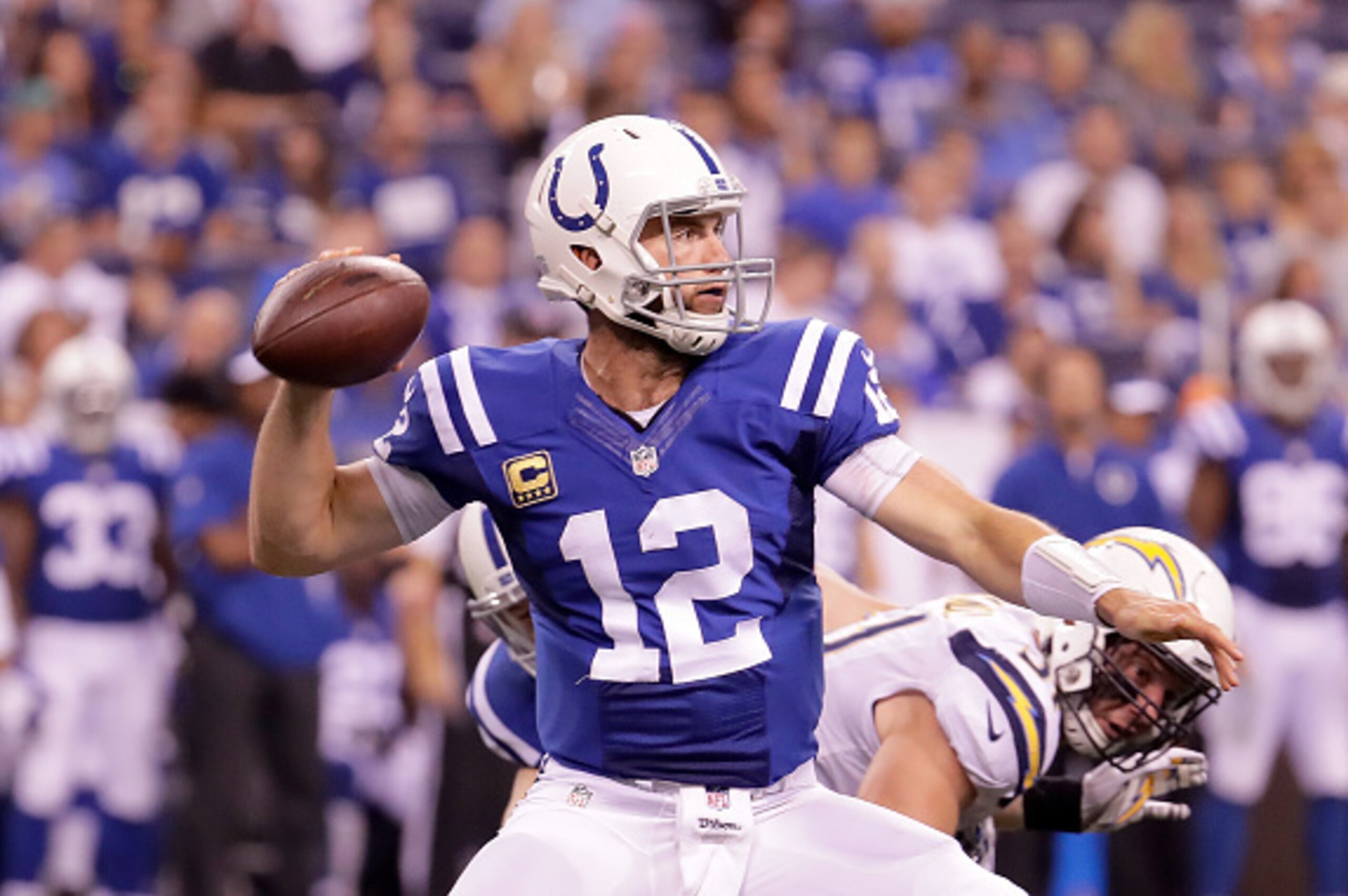 INDIANAPOLIS, IN - SEPTEMBER 25:  Andrew Luck #12 of the Indianapolis Colts throws the ball during the game against the San Diego Chargers at Lucas Oil Stadium on September 25, 2016 in Indianapolis, Indiana.  (Photo by Andy Lyons/Getty Images)