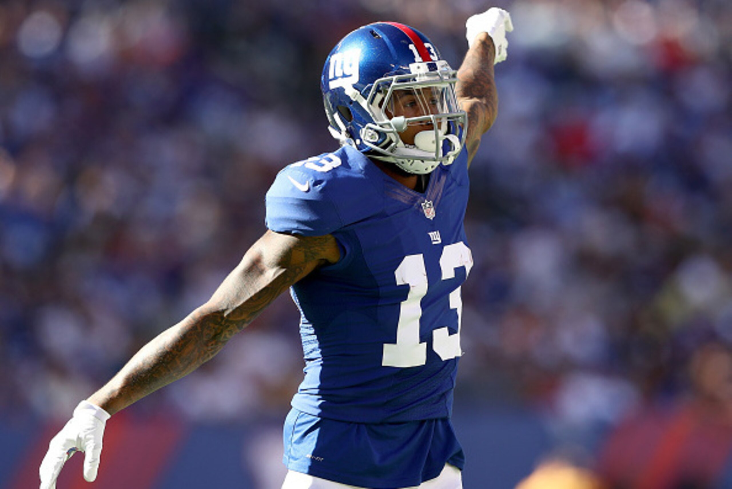 EAST RUTHERFORD, NJ - SEPTEMBER 25:   Odell Beckham Jr. #13 of the New York Giants calls out a play in the second half against the New York Giants  at MetLife Stadium on September 25, 2016 in East Rutherford, New Jersey.The Washington Redskins defeated th