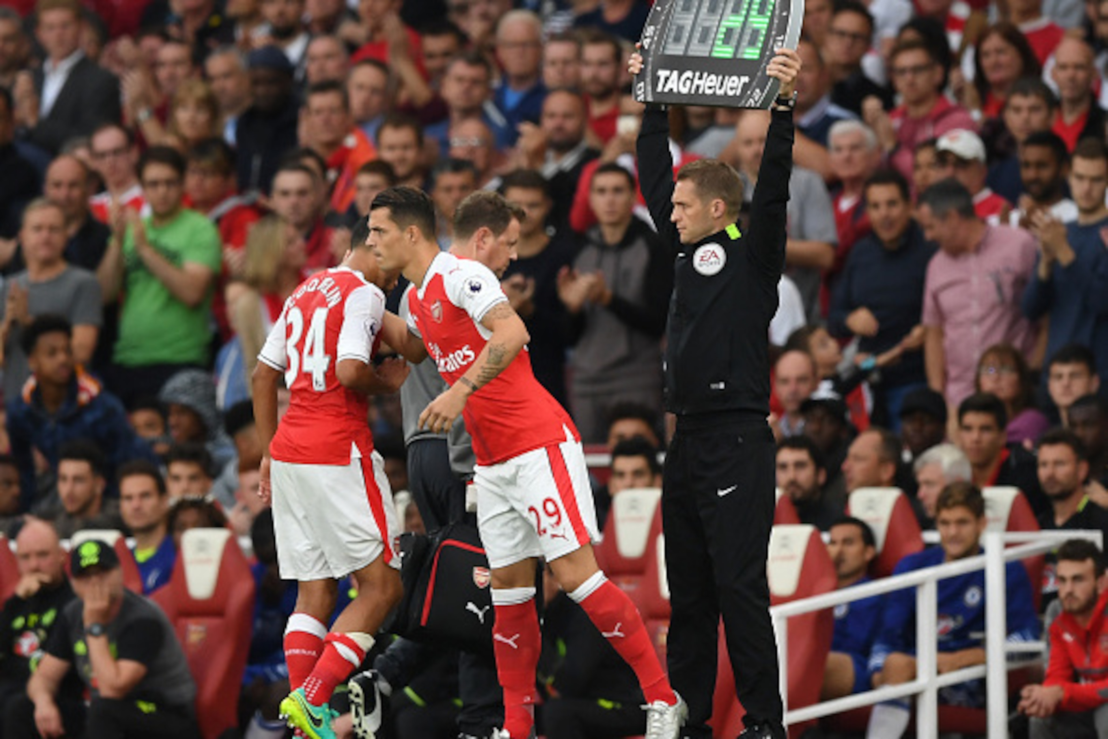LONDON, ENGLAND - SEPTEMBER 24: Francis Coquelin of Arsneal (L) is replaced by Granit Xhaka of Arsenal (R) during the Premier League match between Arsenal and Chelsea at the Emirates Stadium on September 24, 2016 in London, England. (Photo by Shaun Bott LONDON, ENGLAND - SEPTEMBER 24: Francis Coquelin of Arsneal (L) is replaced by Granit Xhaka of Arsenal (R) during the Premier League match between Arsenal and Chelsea at the Emirates Stadium on September 24, 2016 in London, England. (Photo by Shaun Bott