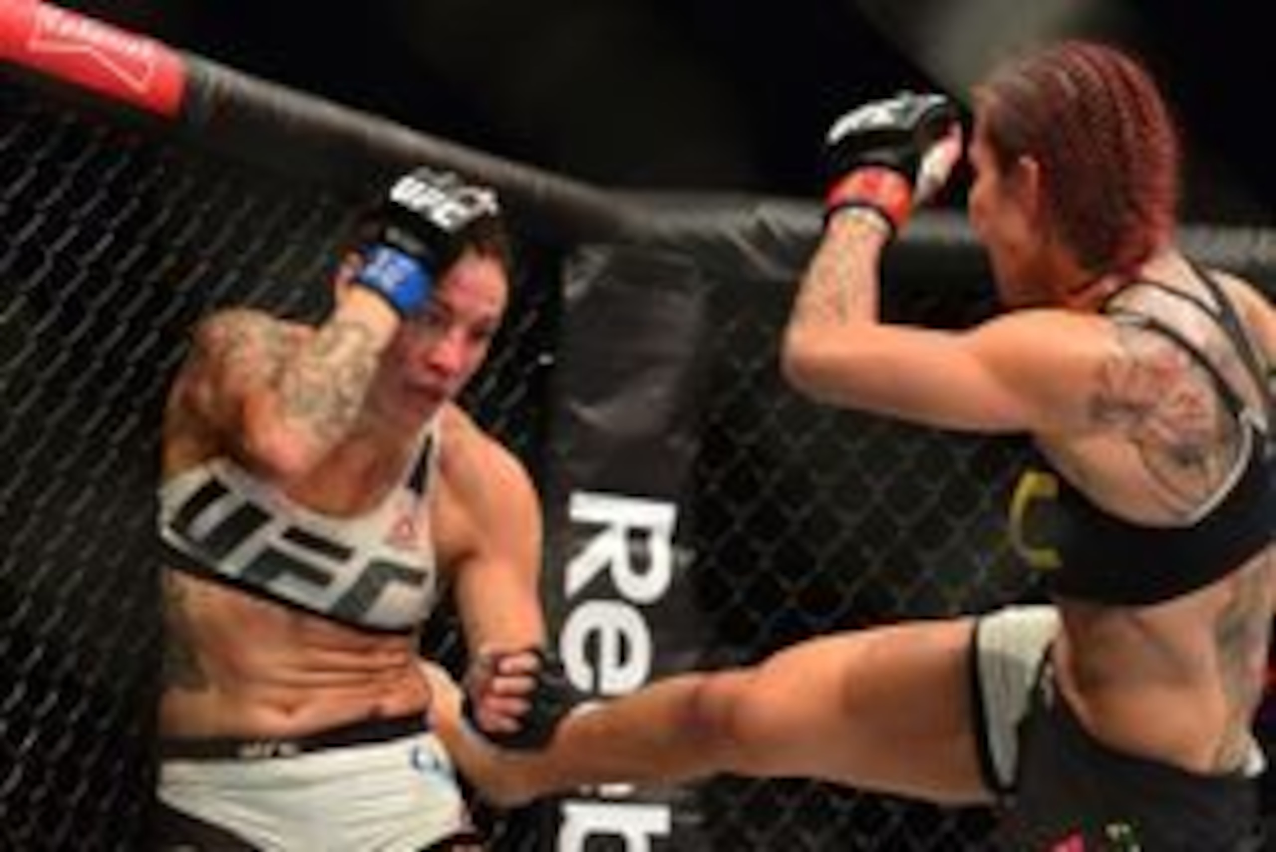 Sep 24, 2016; Brasilia, Brazil;  Cris Cyborg (red gloves) fights Lina Lansberg (blue gloves) during UFC Fight Night at Nilson Nelson Gymnasium. Mandatory Credit: Jason Silva-USA TODAY Sports