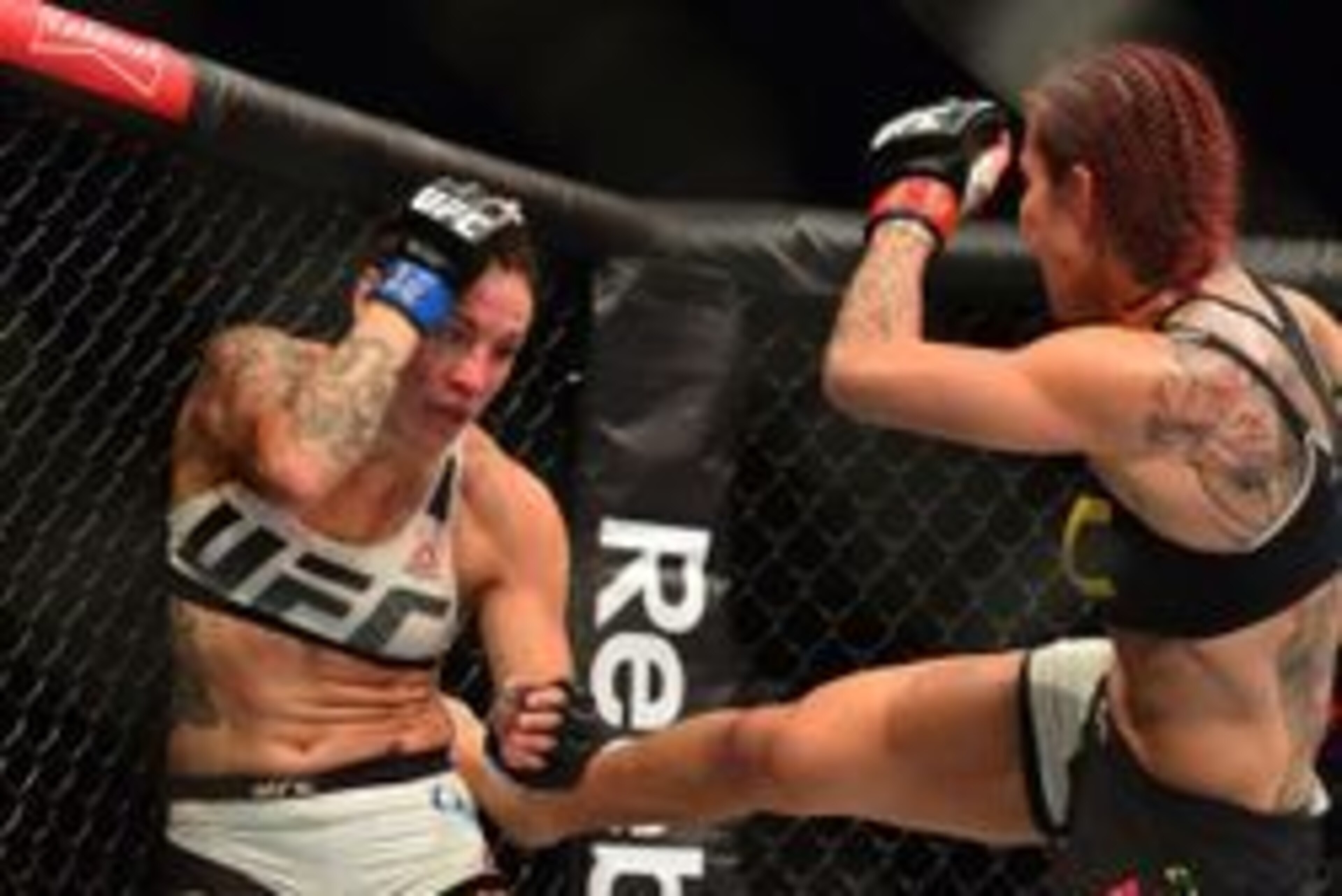 Sep 24, 2016; Brasilia, Brazil;  Cris Cyborg (red gloves) fights Lina Lansberg (blue gloves) during UFC Fight Night at Nilson Nelson Gymnasium. Mandatory Credit: Jason Silva-USA TODAY Sports