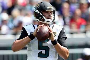 JACKSONVILLE, FL - SEPTEMBER 25:  Blake Bortles #5 of the Jacksonville Jaguars looks to pass against the Baltimore Ravens at EverBank Field on September 25, 2016 in Jacksonville, Florida.  (Photo by Maddie Meyer/Getty Images)